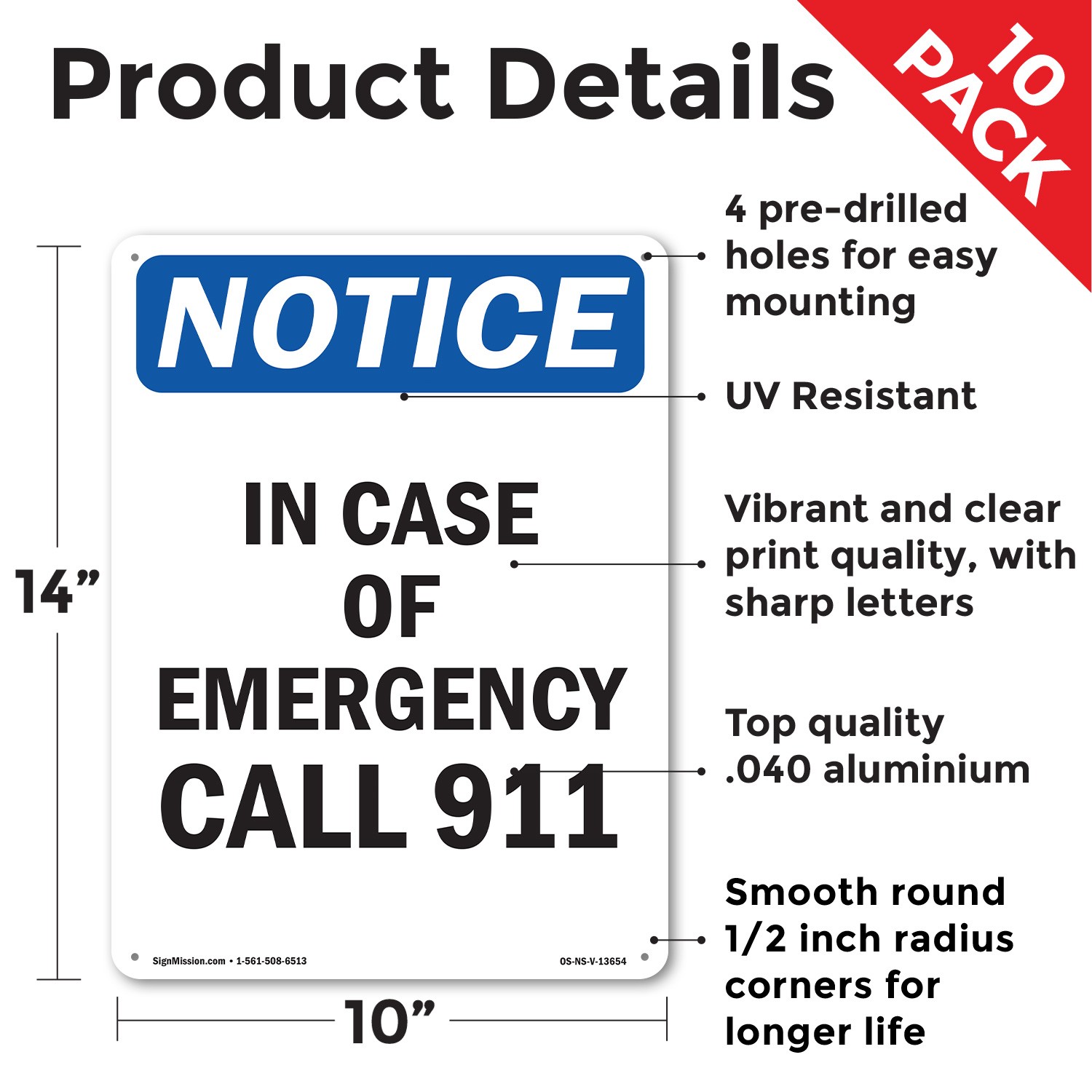 In Case Of Emergency Call 911 OSHA Notice Sign Metal Plastic, Decal 5 or 10 Pack