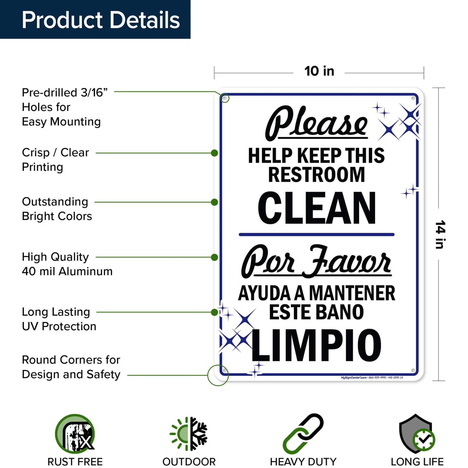 Please Help Keep This Restroom Clean Sign, Bilingual English and Spanish, 10X14