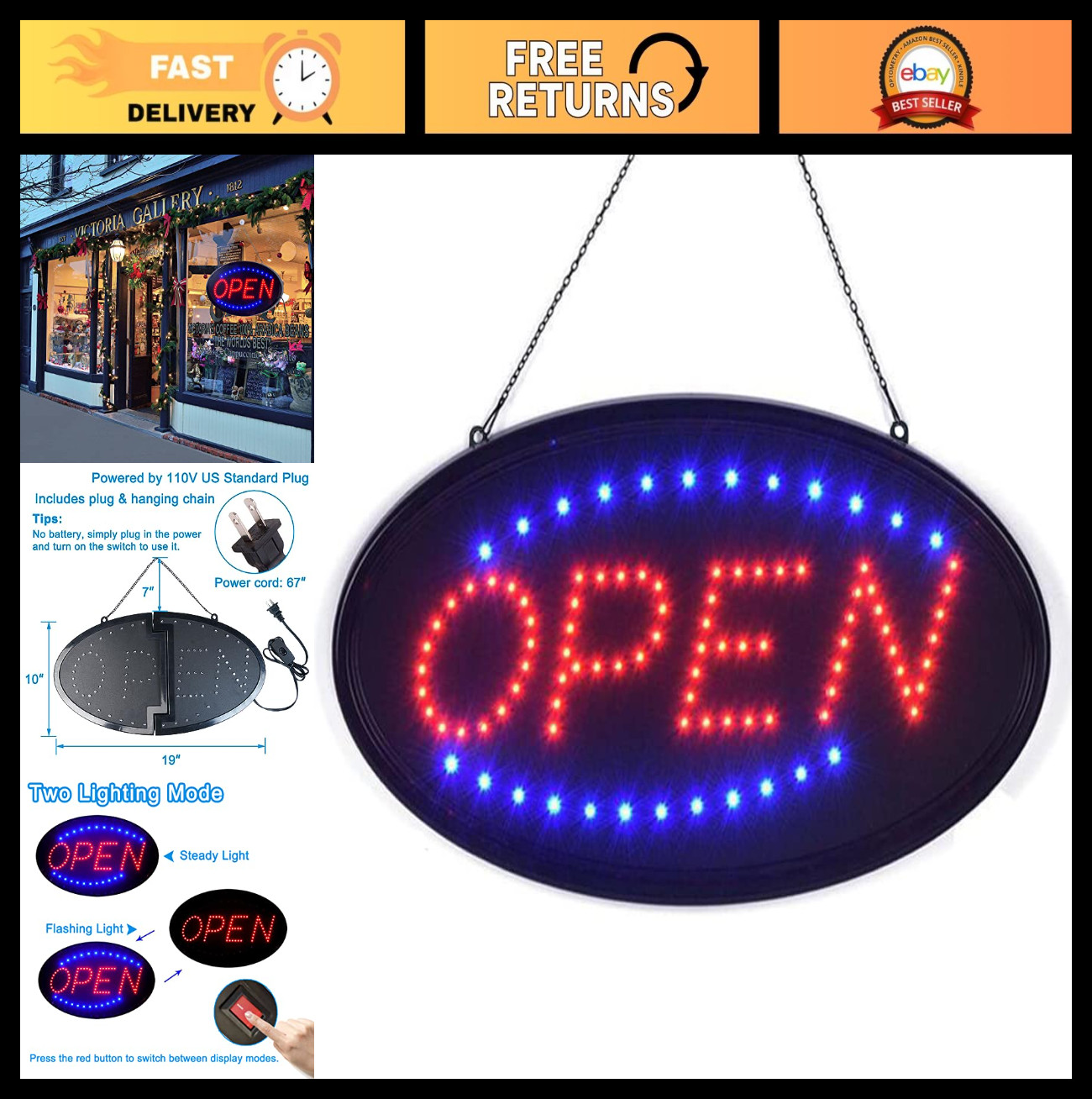 Bright LED Open Sign 19″x10″ High Visibility Electric Display for Business, Shop