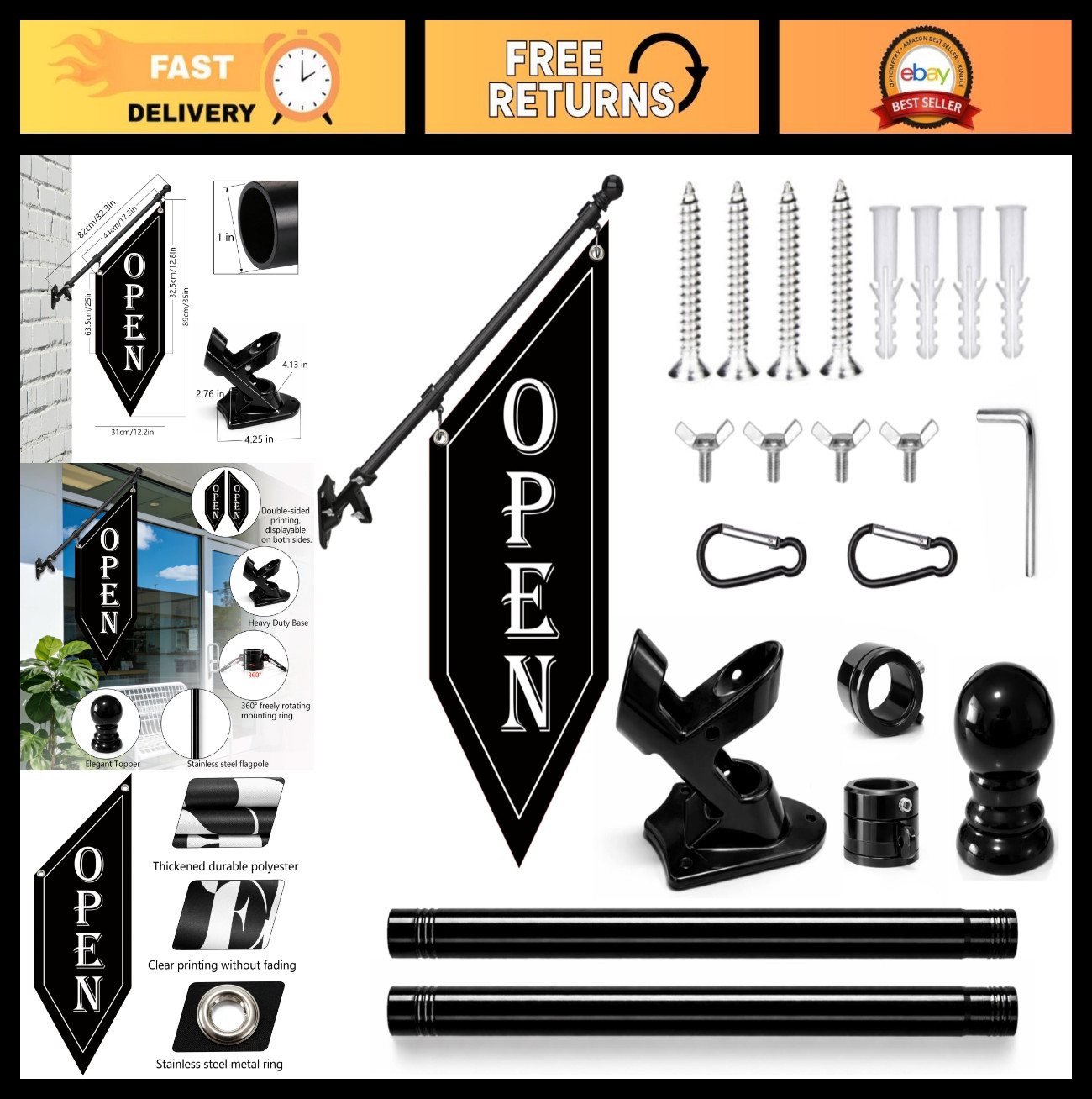 Double-Sided OPEN Flag with Pole Kit – Heavy Duty Outdoor Banner Sign for Shops