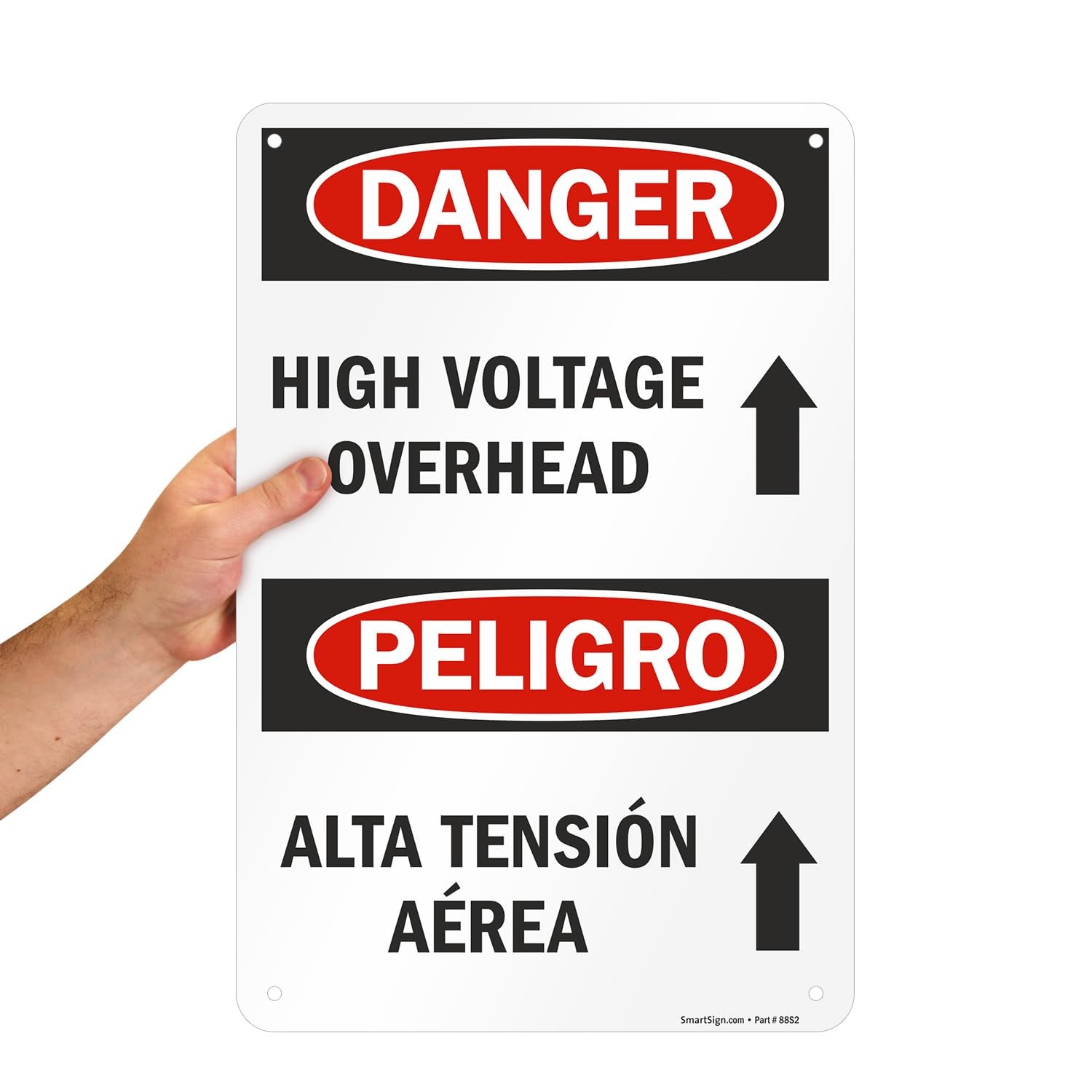 12×18 Inch Danger High Voltage Overhead Bilingual Aluminum Sign Upward Arrow