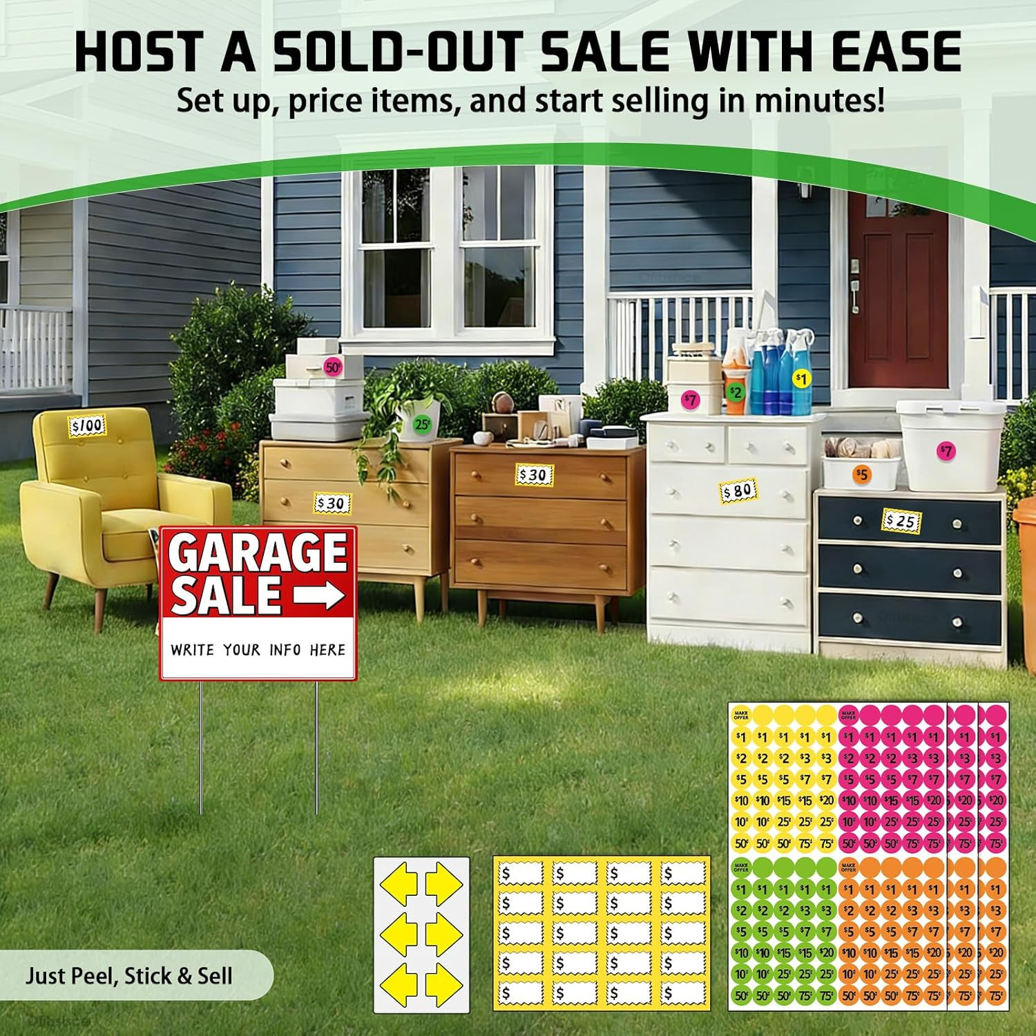 Garage Sale Sign Kit with Stakes – 17X13″ Yard Sale Signs for Custom Route Navig