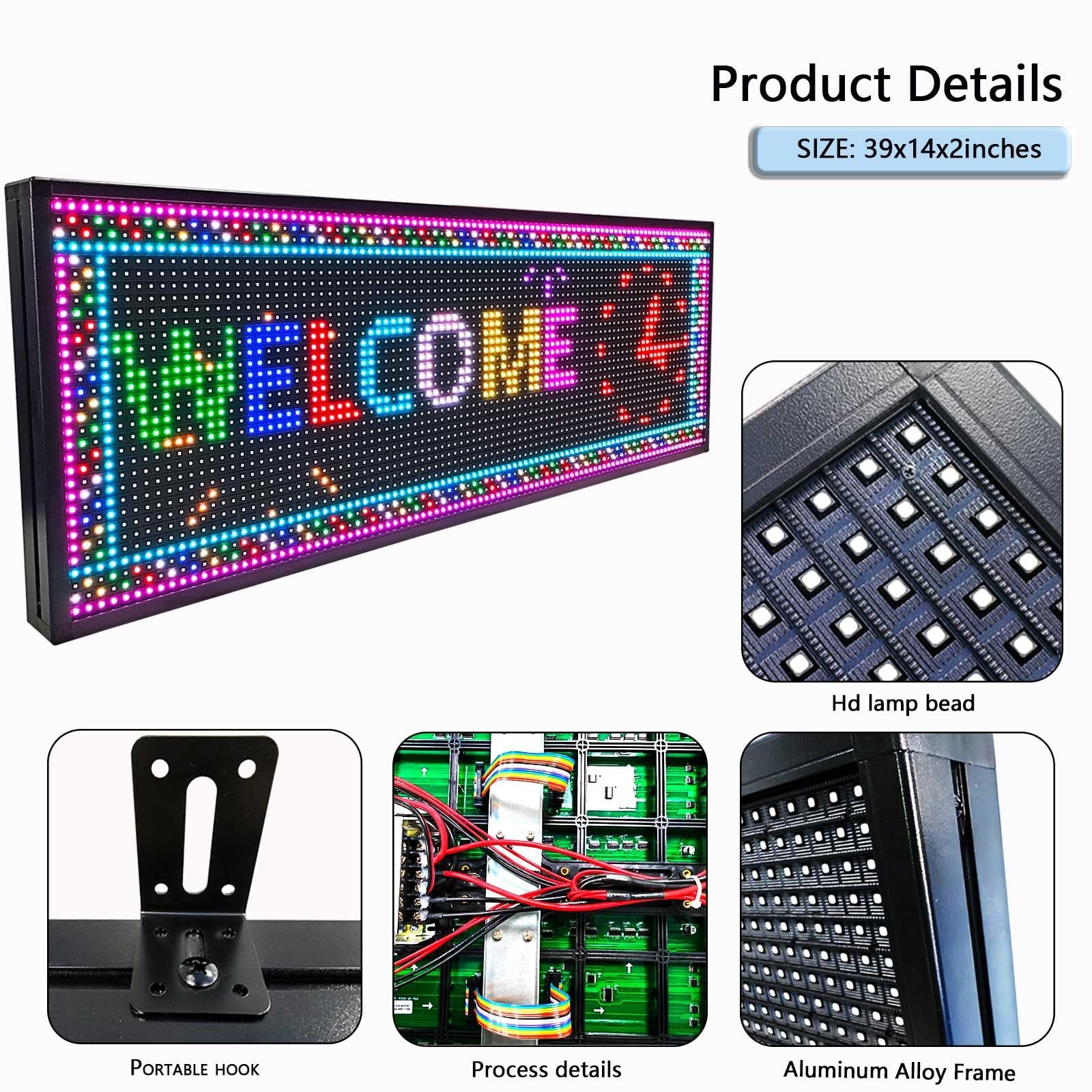 P10 Digital Scrolling Led Sign Board Programmable, Open Neon Signs, 39”x14”