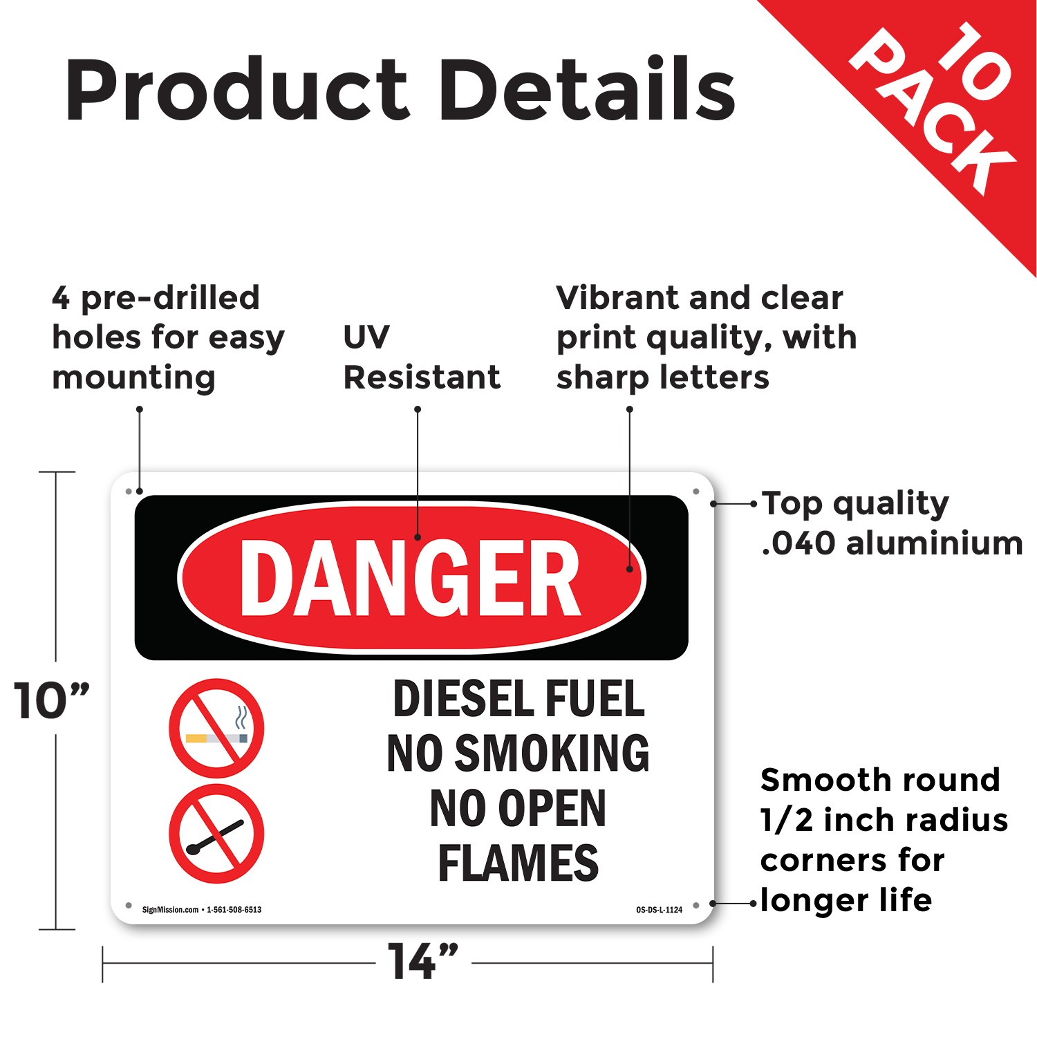 Diesel Fuel No Smoking No Open Flames OSHA Danger Sign Or Decal – 5 or 10 Pack