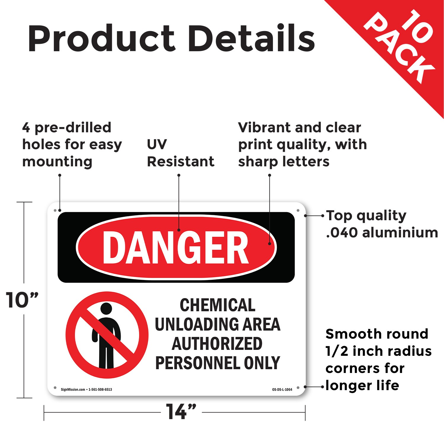 Chemical Unloading Area Authorized Only OSHA Danger Sign Or Decal – 5 or 10 Pack