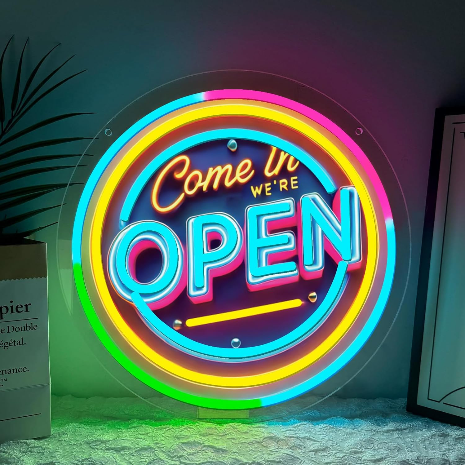 Neon Open Sign for Business, 13 * 13” Colorful Adjustable Brightness Come in We