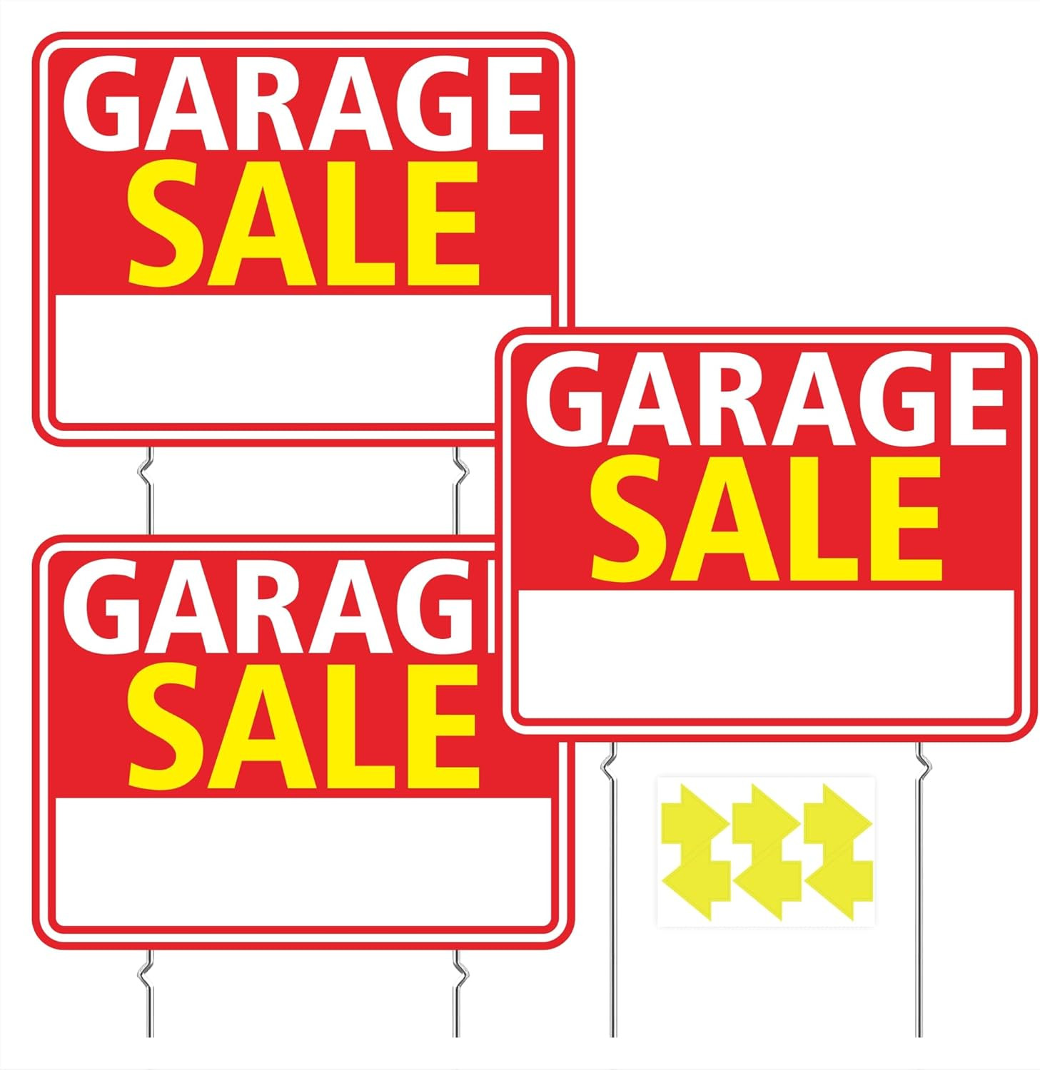 Garage Sale Signs 3 Pack 17″X13″ – Double Sided Yard Sale Signs with Metal Stake