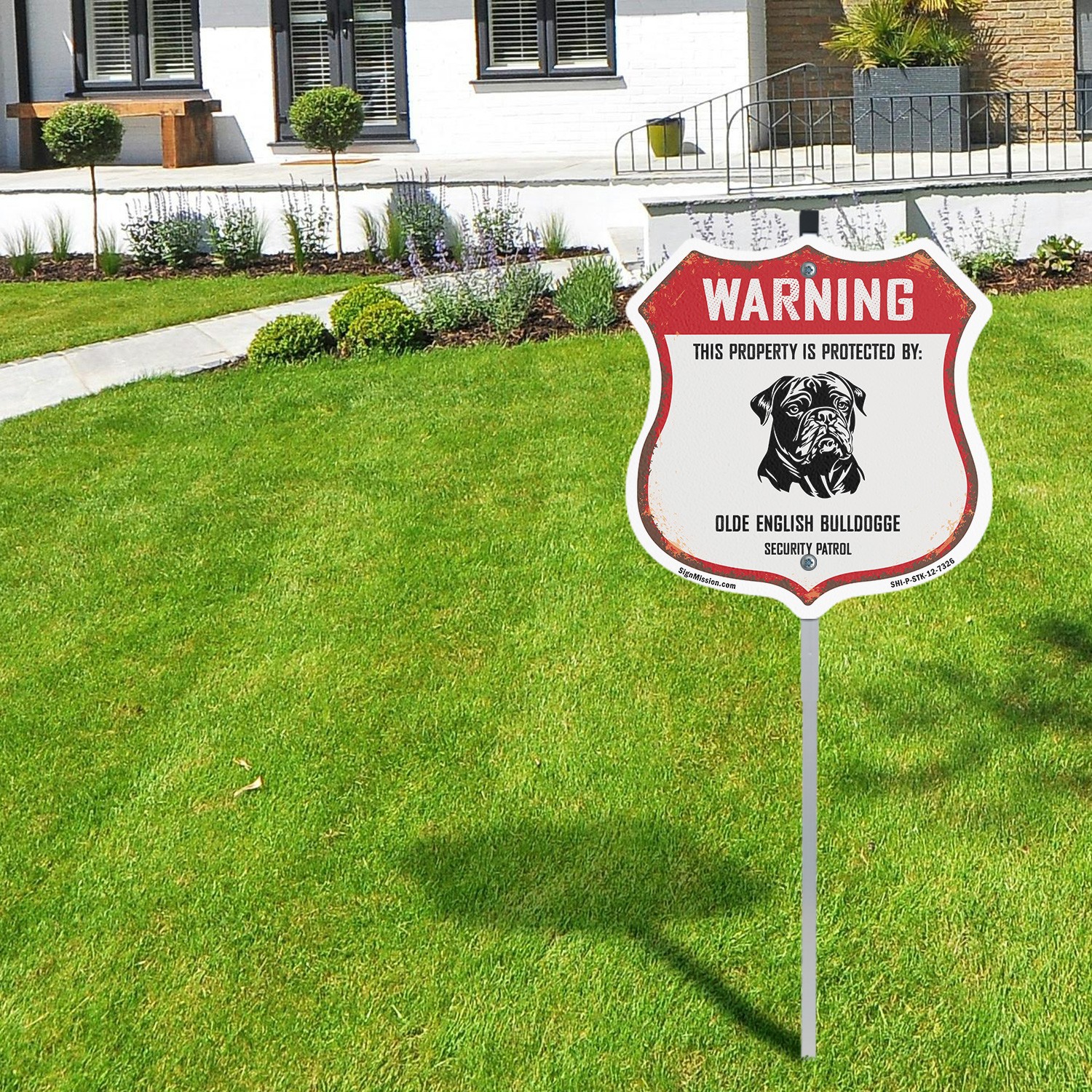 Warning Property Protected by Olde English Bulldogge Mad Shield Sign With Stake