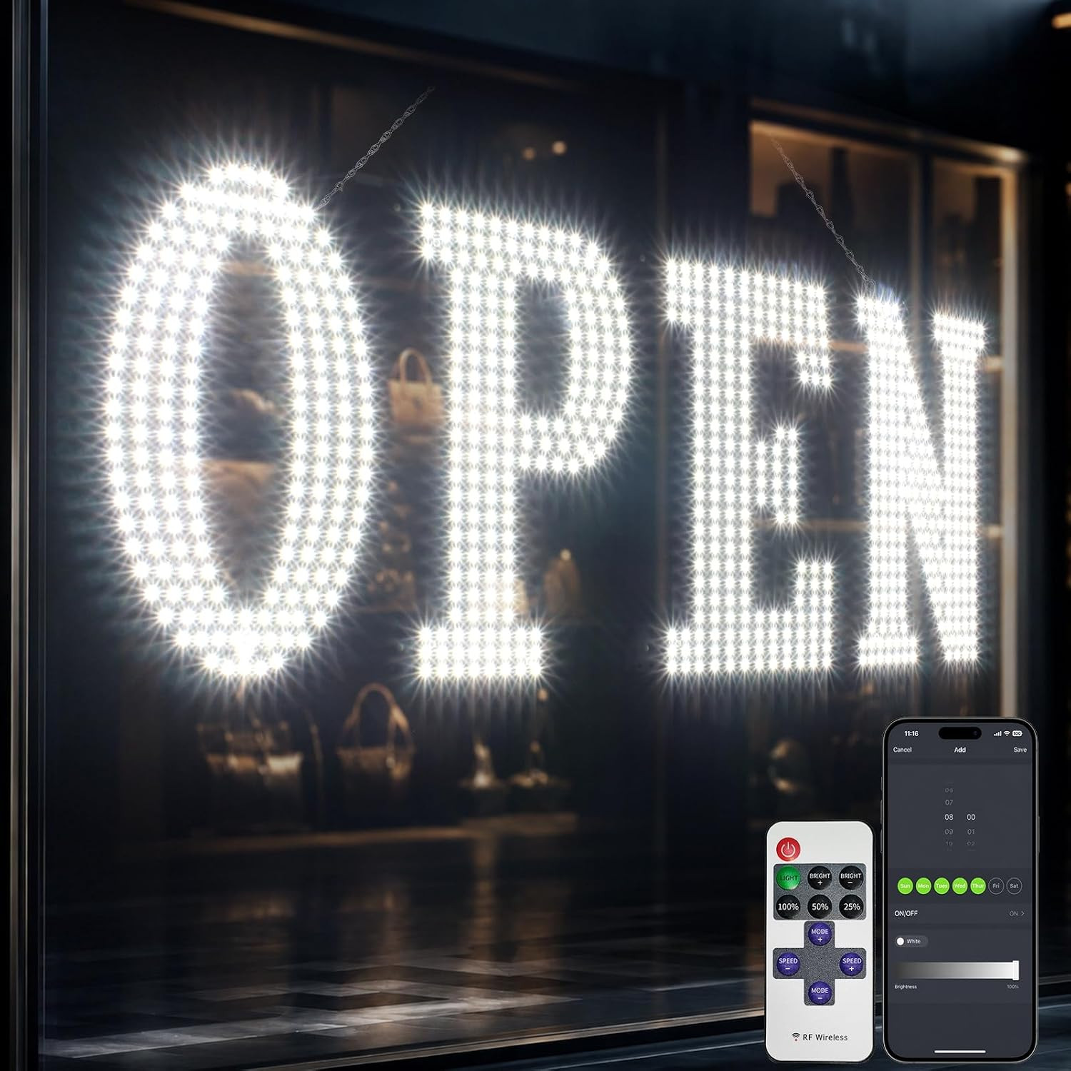 Open Sign for Business, 40″X14″ Jumbo Open Sign with Timer and Remote Control