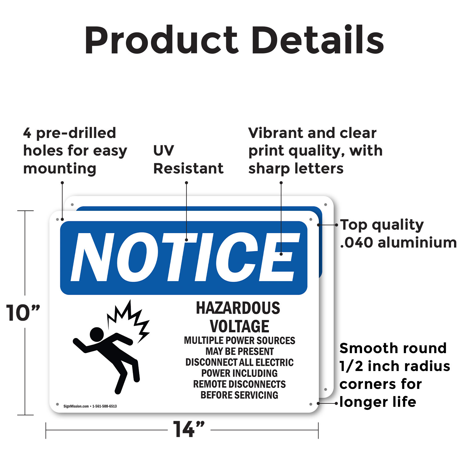 (2 Pack) Hazardous Voltage Multiple Power OSHA Notice Sign Decal Metal Plastic