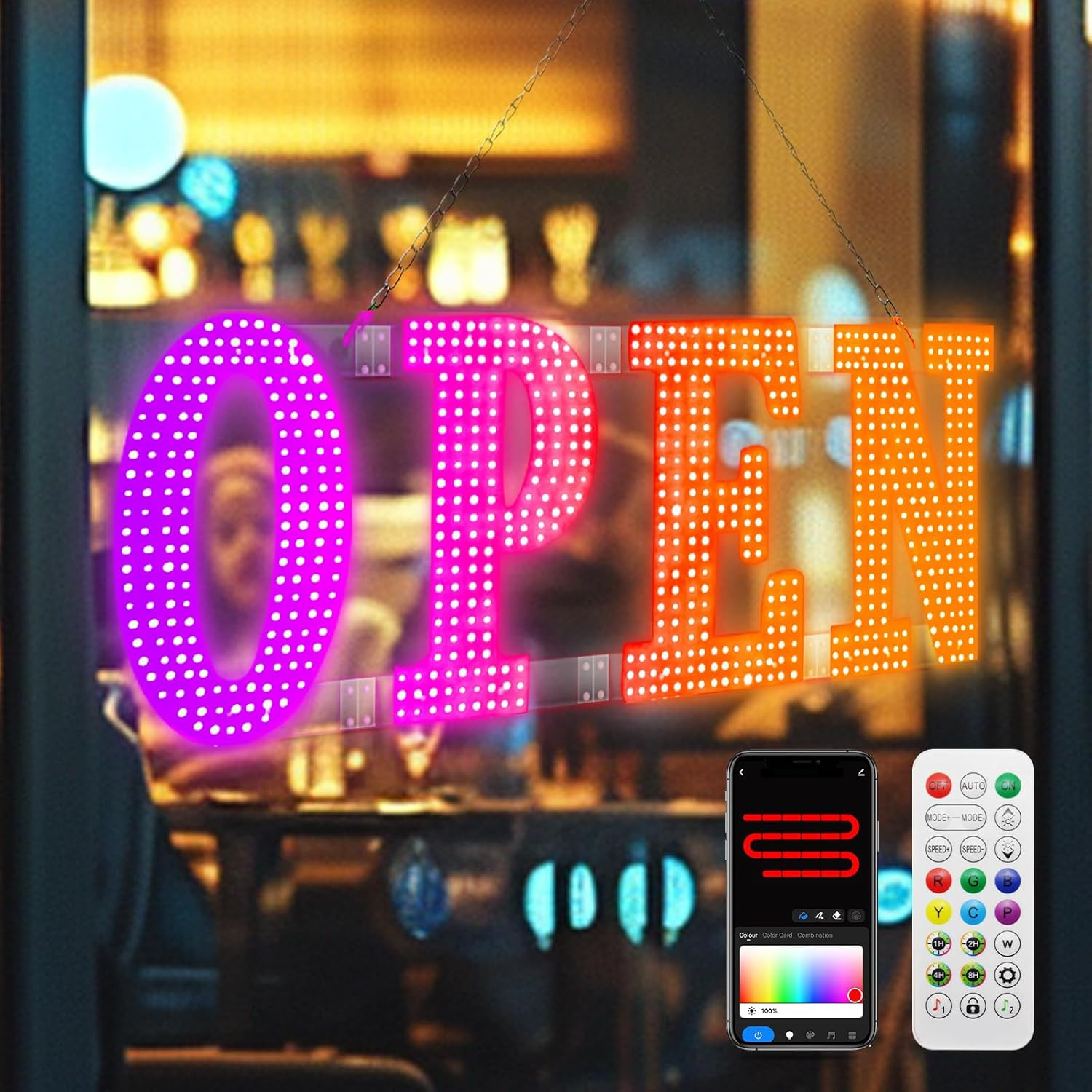 Large 48″ LED Open Sign with Remote, Timer & Custom Colors for Businesses