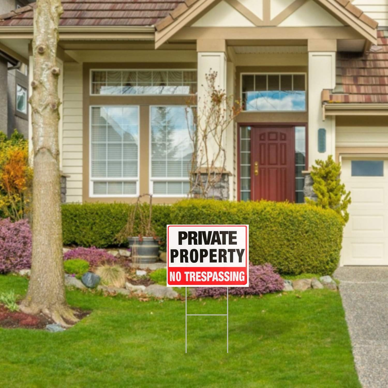 MUXYH 2 Pack Private Property No Trespassing Signs with Metal Wire H-Stakes, 12′