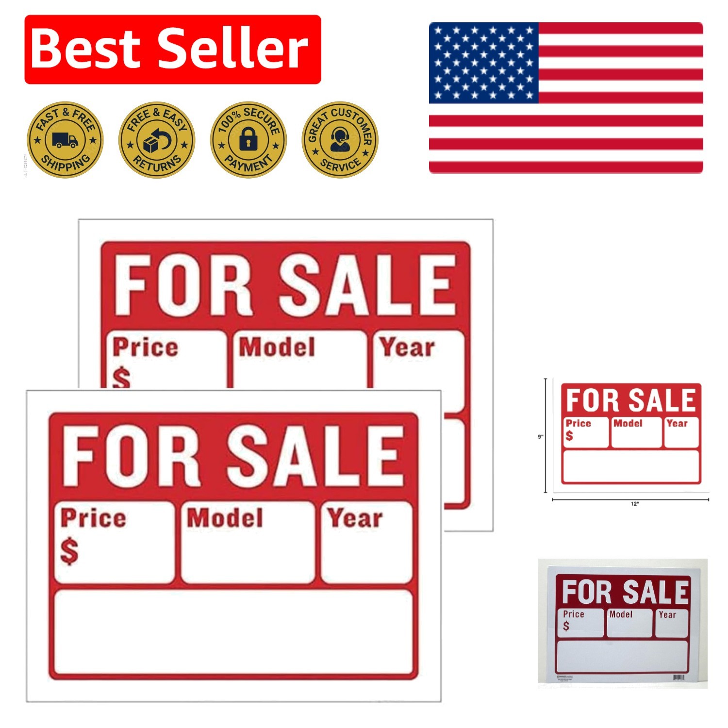 Durable Indoor/Outdoor Car For Sale Signs – 9×12, 2-Pack Customizable Design