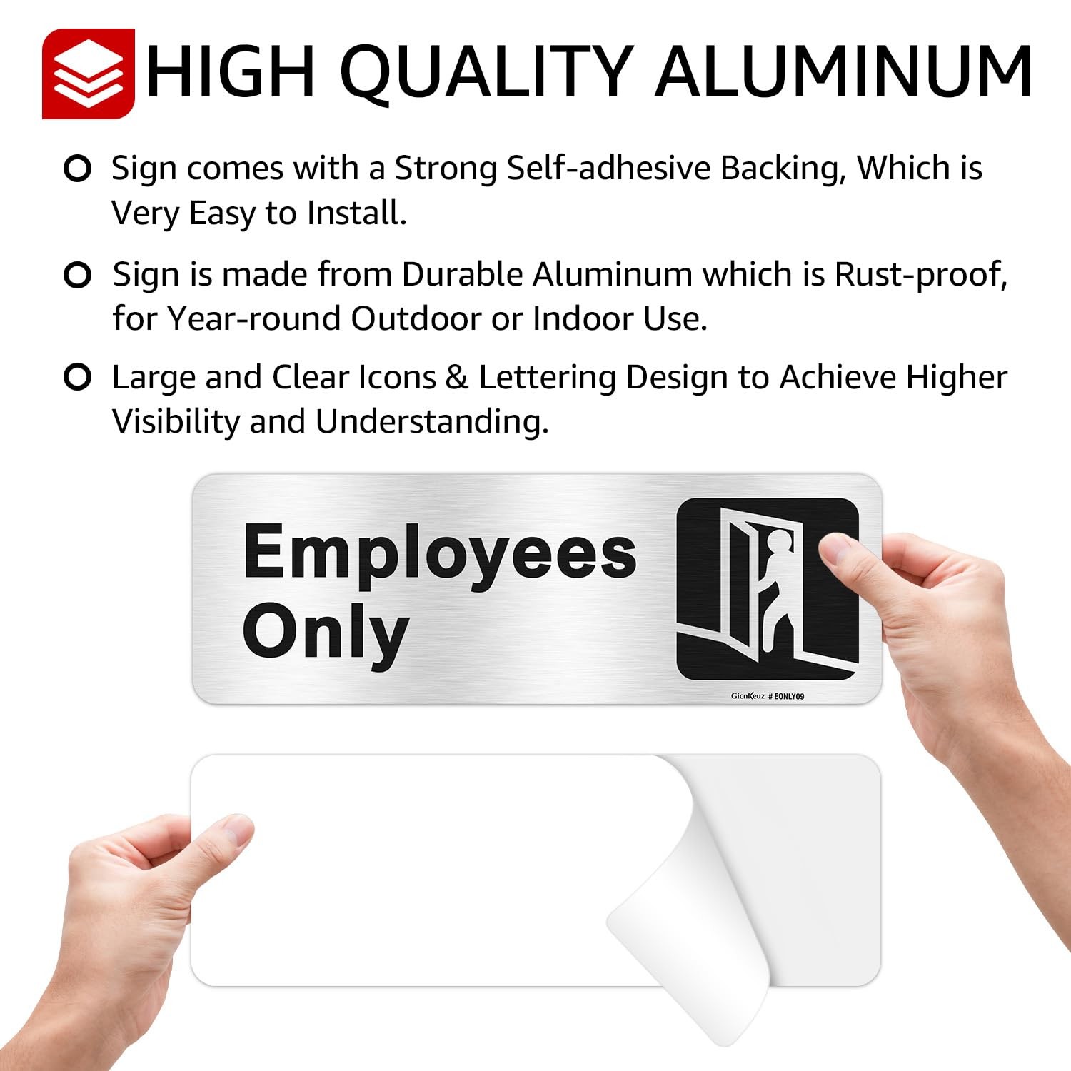 Employees Only Sign,9 X 3 Inches Information Sign with Symbols,Brushed Aluminum