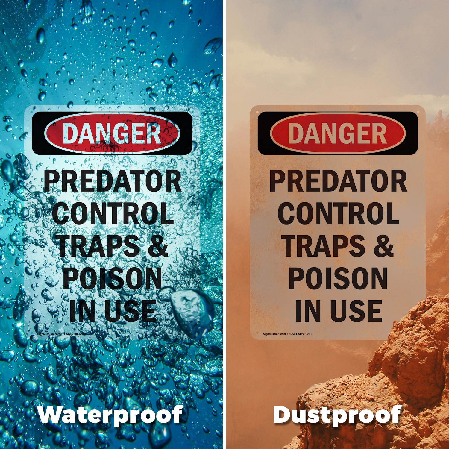 (2 Pack) Portrait Predator Control Traps OSHA Danger Sign Decal Metal Plastic