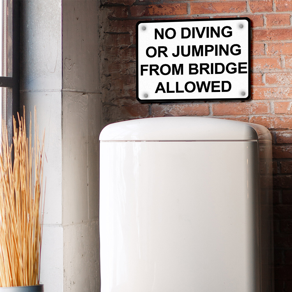 Horizontal Metal Sign No Diving Or Jumping from Bridge Allowed Black Prohibition