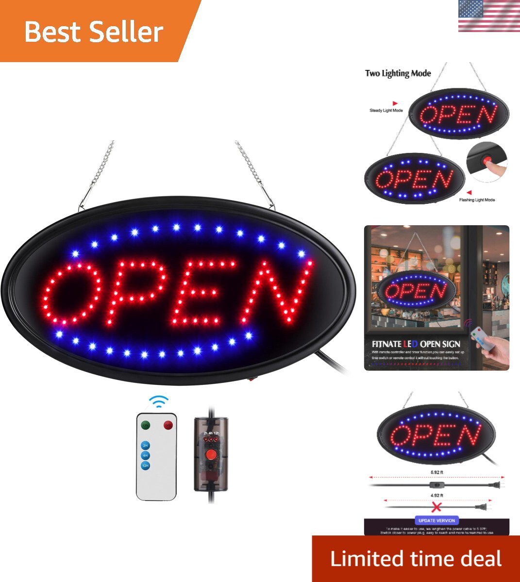 LED Open Sign for Restaurants, Bars, and Cafes – Remote Controlled 19×10