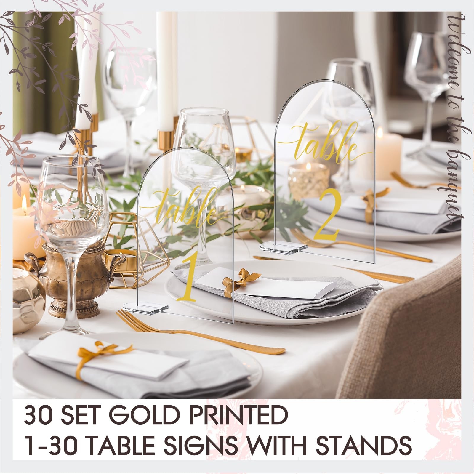 30 Sets Arch Acrylic Sign Gold Printed 1-30 Table Signs with Stands Calligrap…