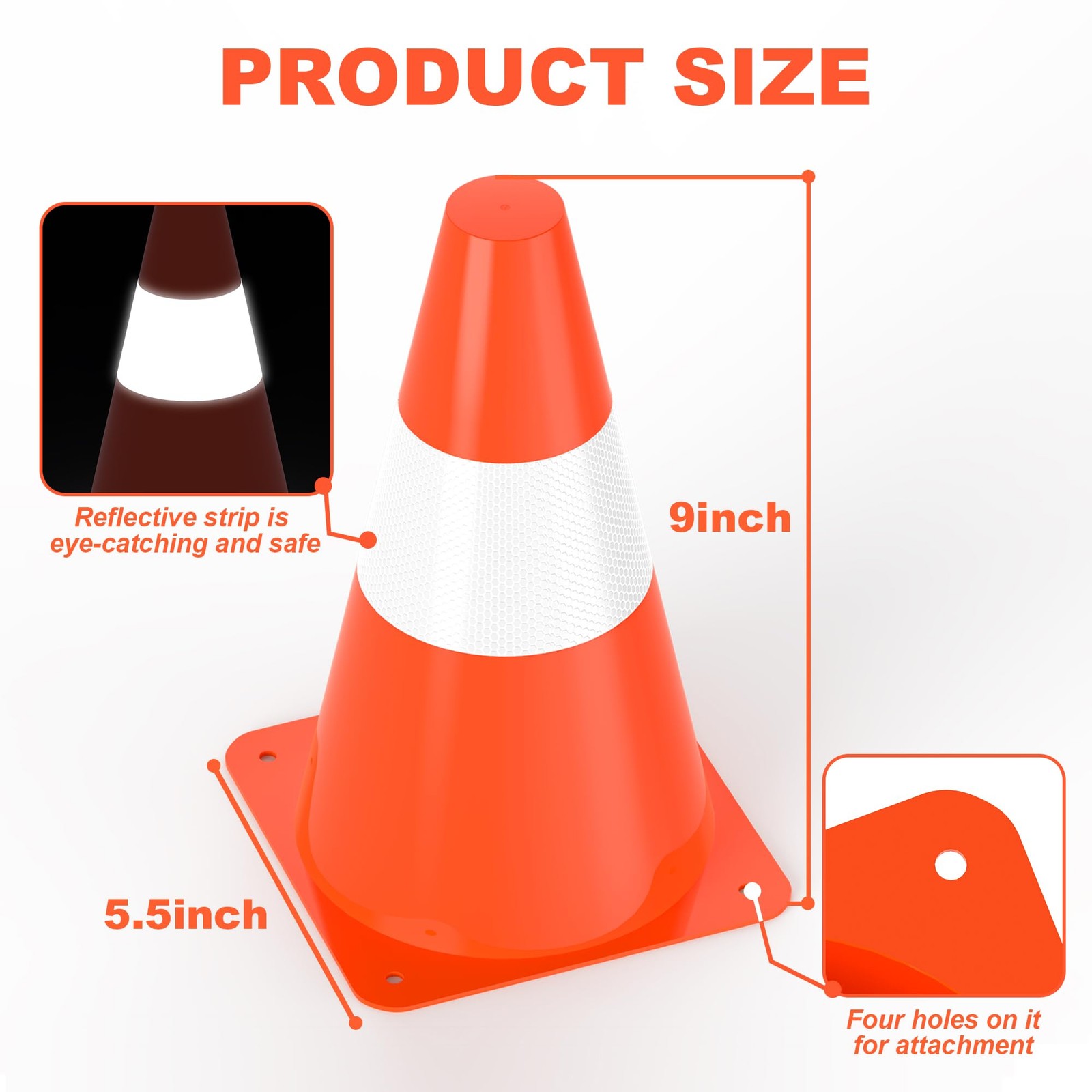 9 inch Traffic Safety Cones with Reflective Collars, [4 Pack] 9in, Orange