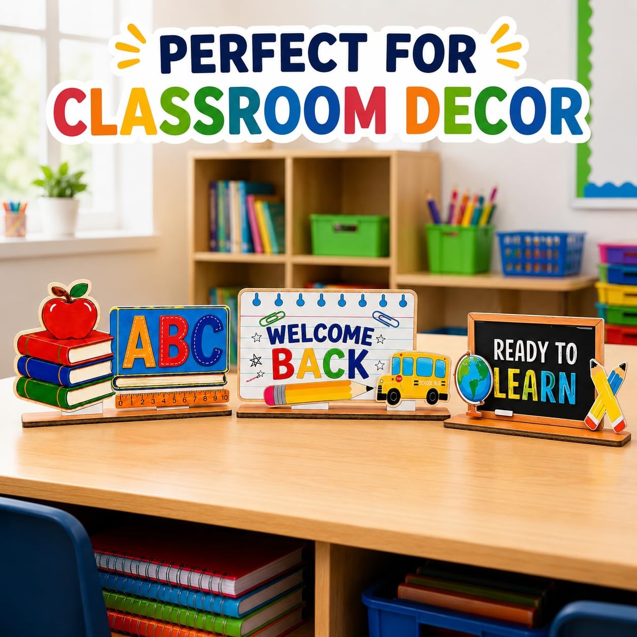 3Pcs Back to School Decorations, Wooden Double Sided Table Sign Set, First Da…