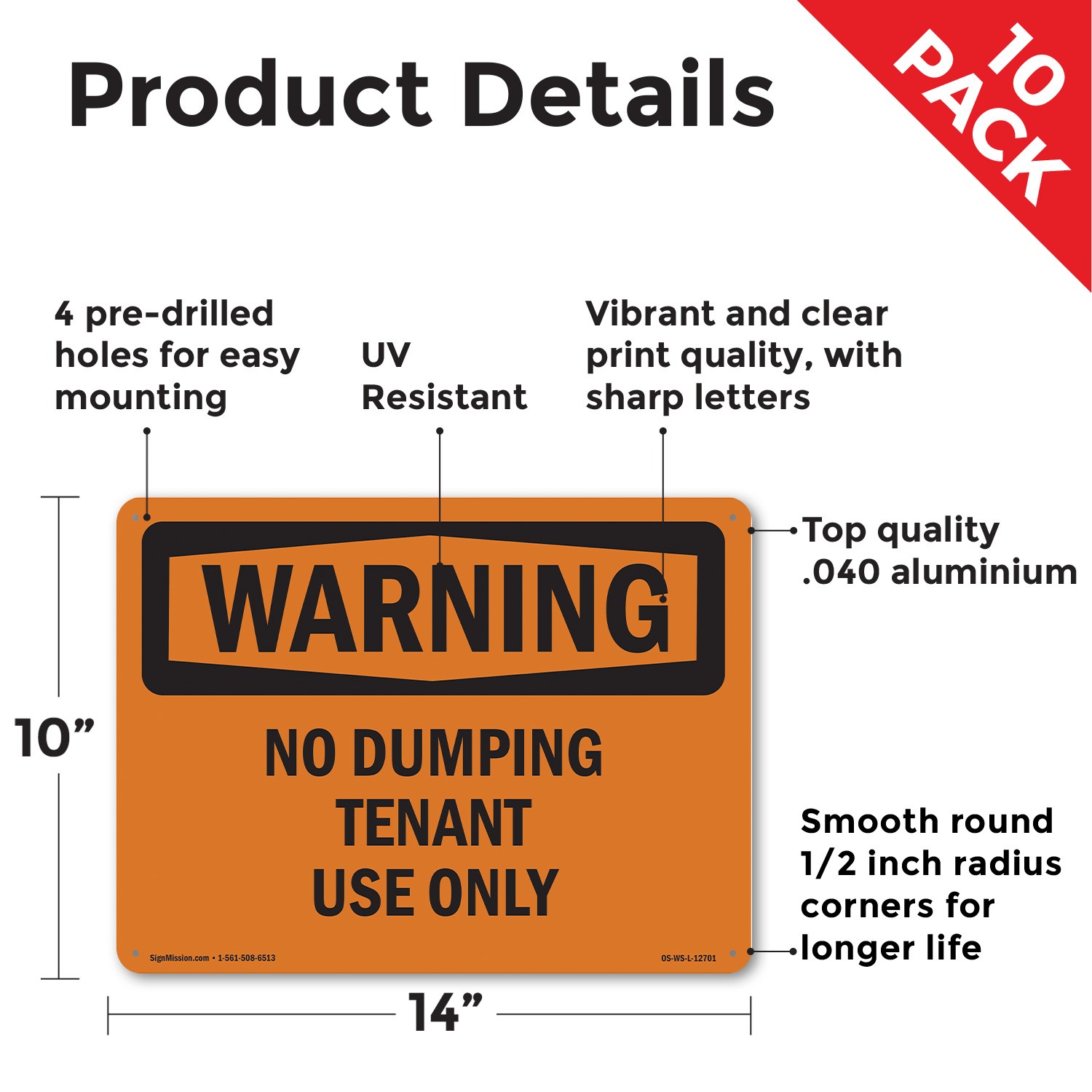 No Dumping Tenant Use Only OSHA WARNING Sign Metal, Plastic, Decal 5 or 10 Pack