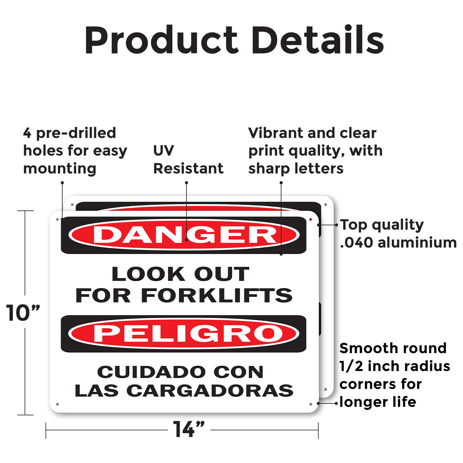 (2 Pack) Look Out For Forklifts Bilingual OSHA Danger Sign Decal Metal Plastic