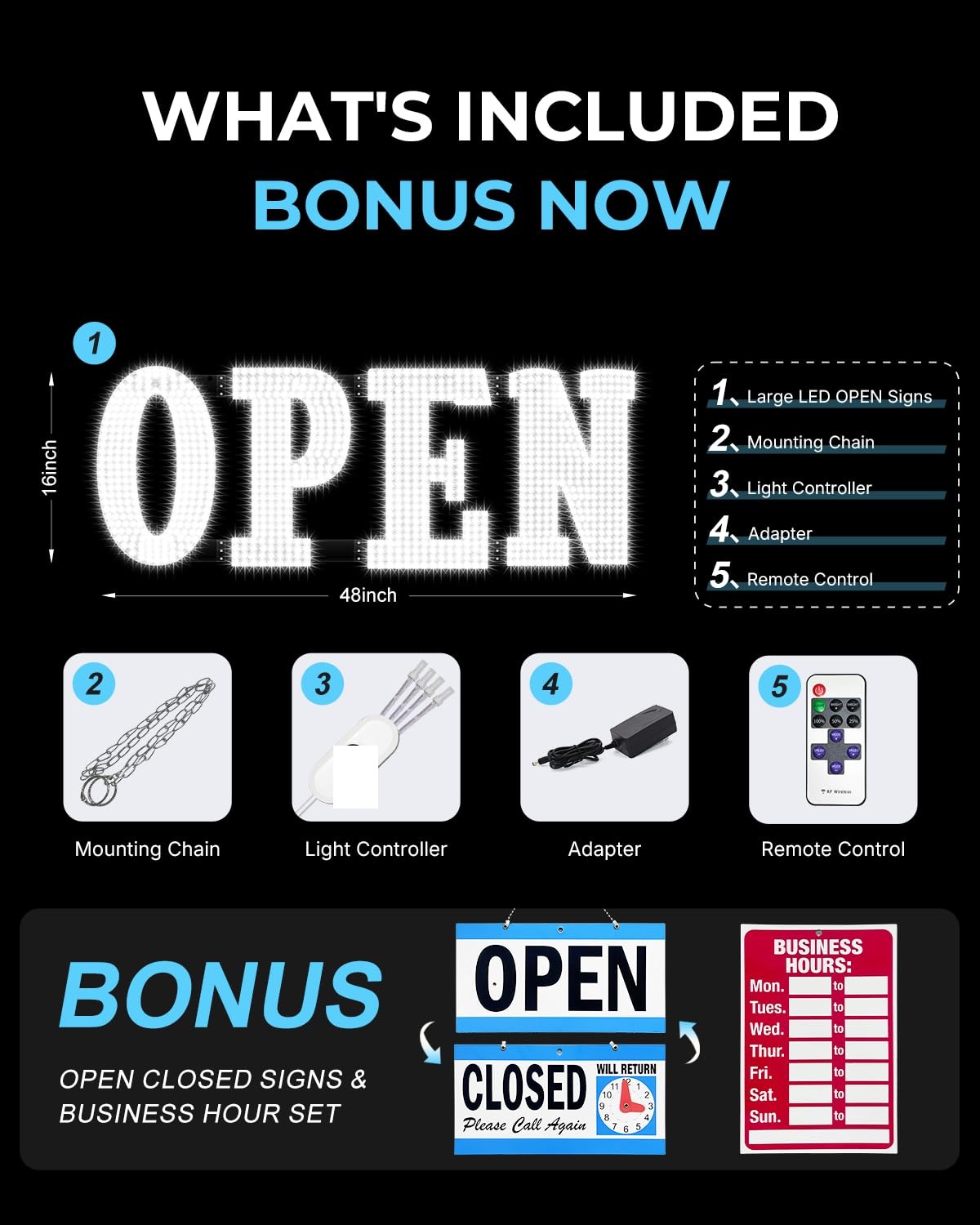 48″x17″ Extra Jumbo LED Open Sign BT and Remote Control Open Sign Super Brigh…