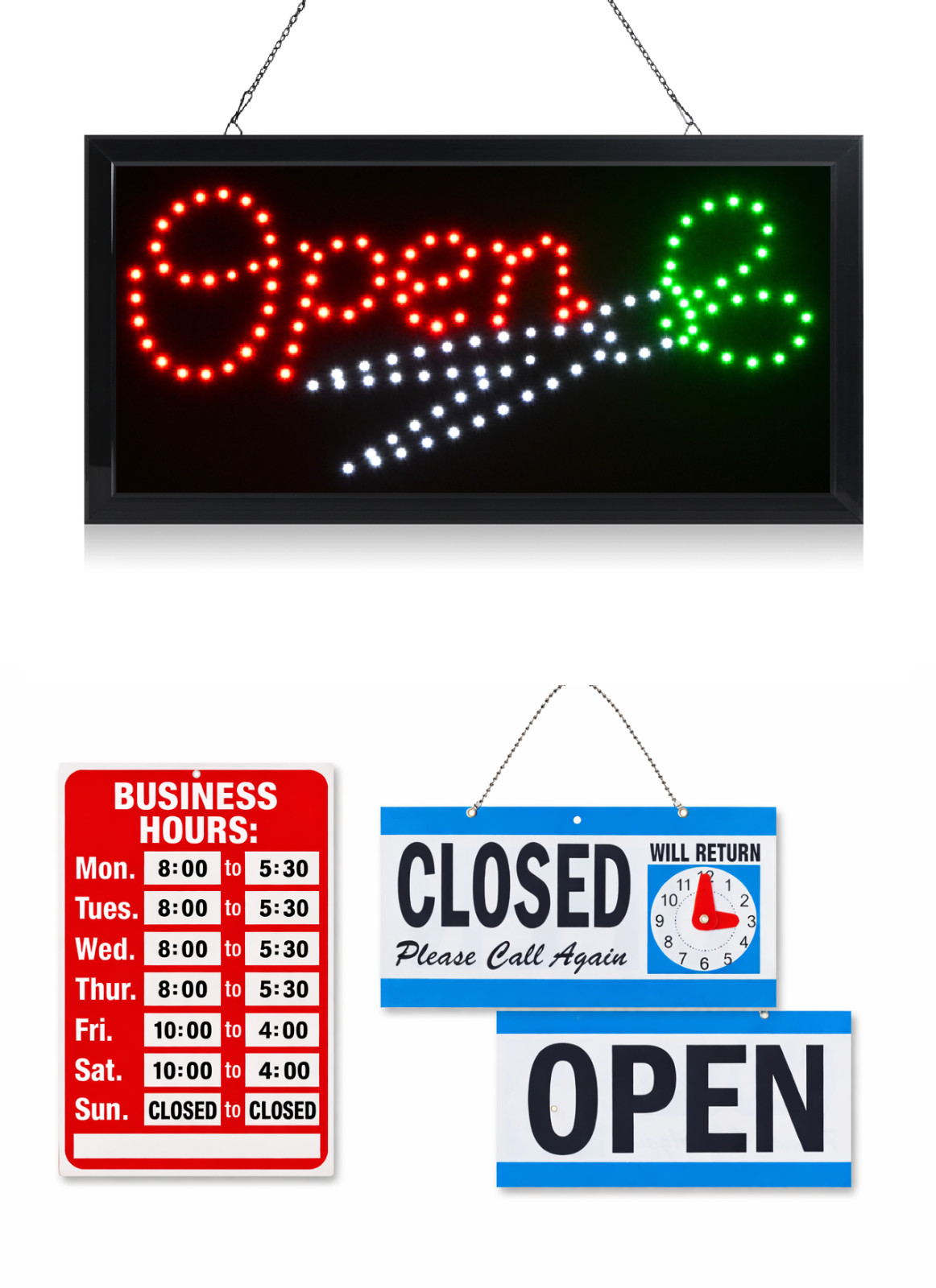 LED Neon Open Sign and Business Hour Sign Bundle for Business – Includes 3 Signs