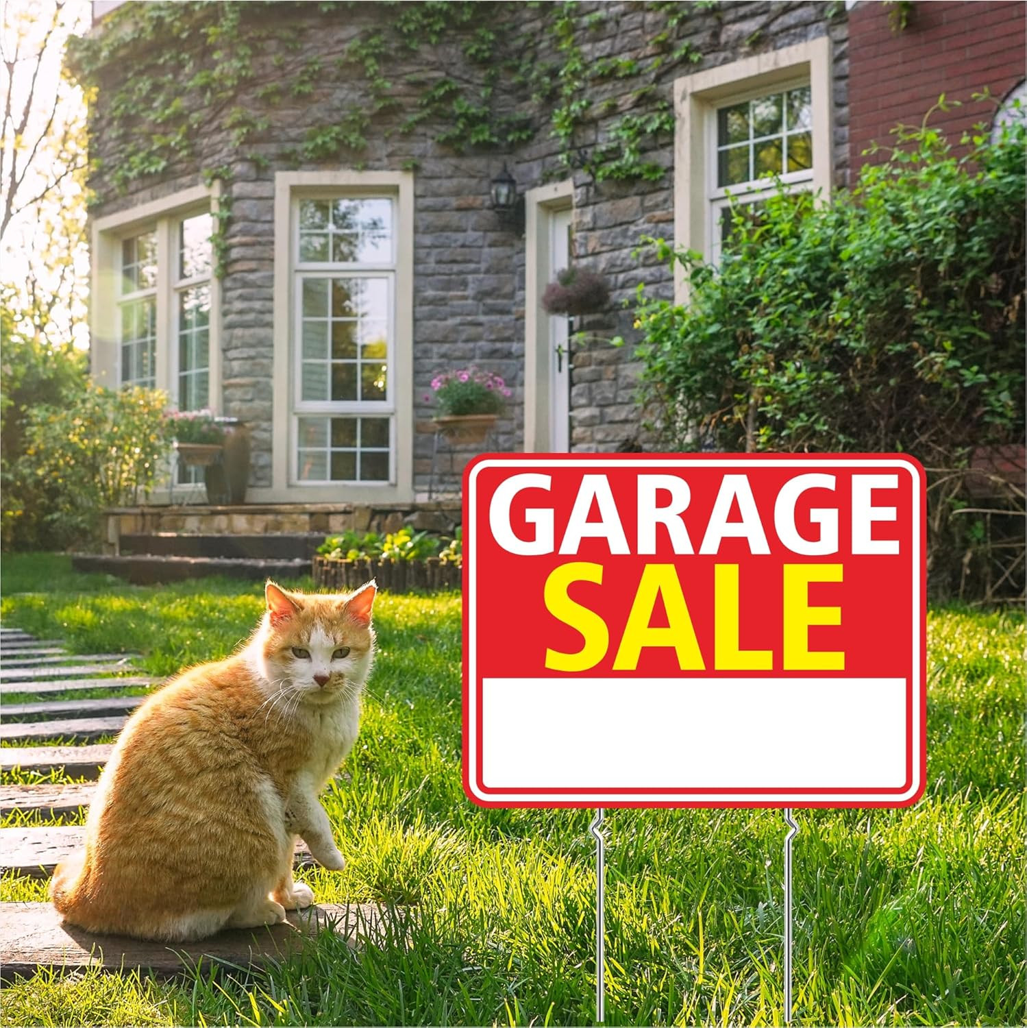 Garage Sale Signs 3 Pack 17″X13″ – Double Sided Yard Sale Signs with Metal Stake