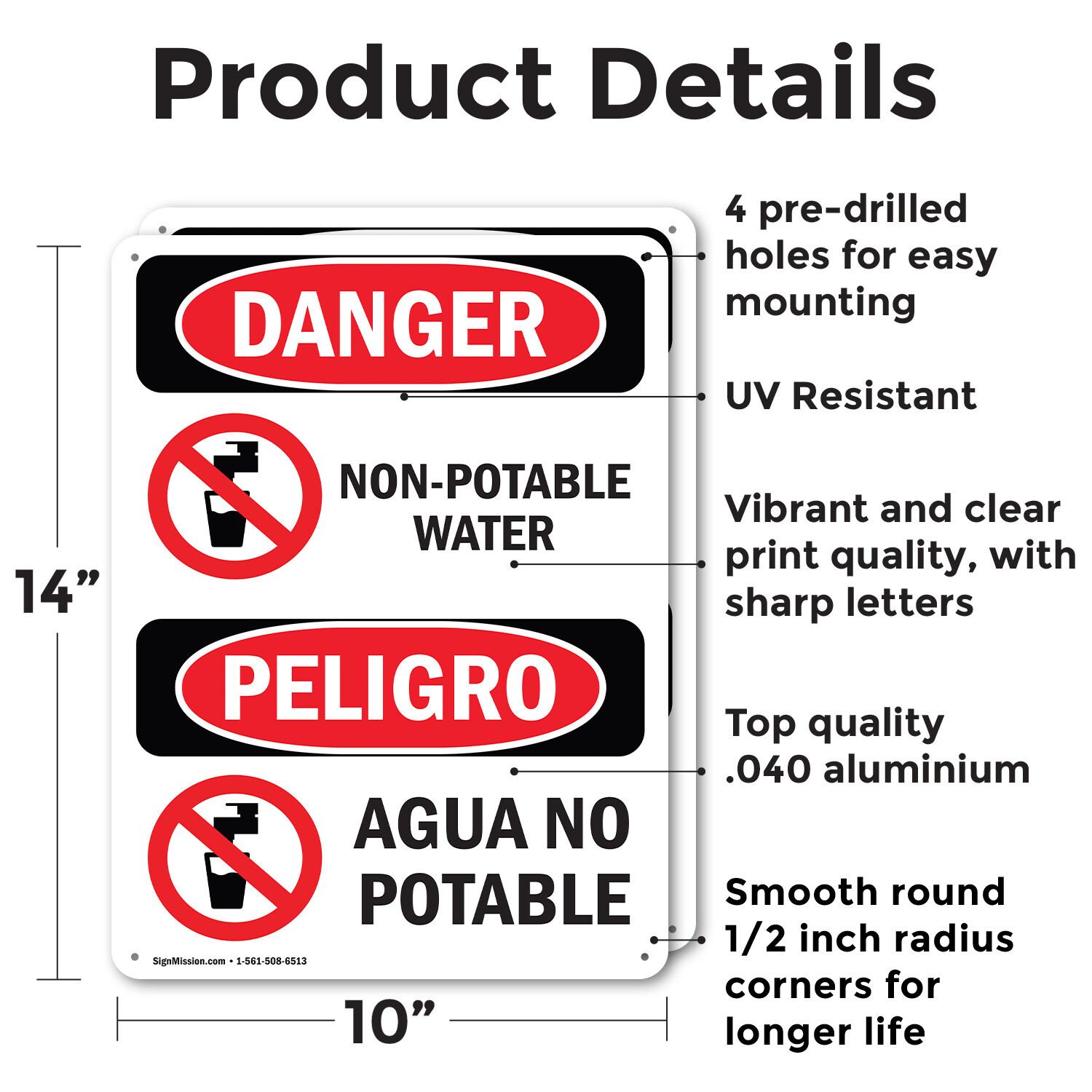 (2 Pack) Non-Potable Water Bilingual OSHA Danger Sign Decal Metal Plastic