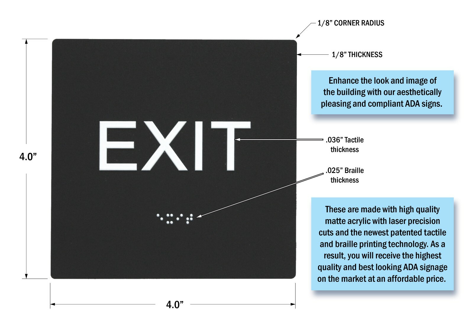 “EXIT” ADA / braille sign 4″ x 4″ matte black acrylic w/white tactile 