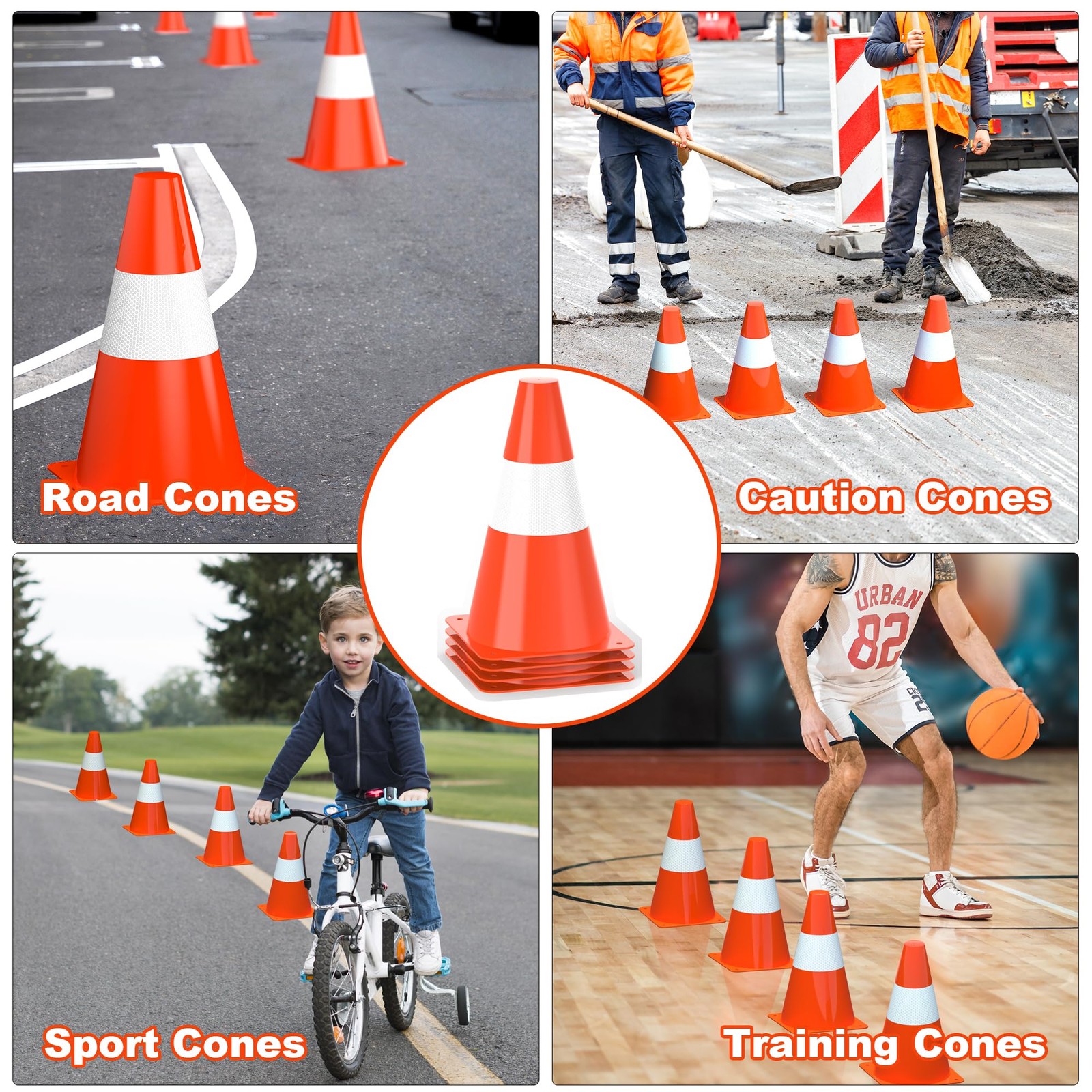 9 inch Traffic Safety Cones with Reflective Collars, [4 Pack] 9in, Orange