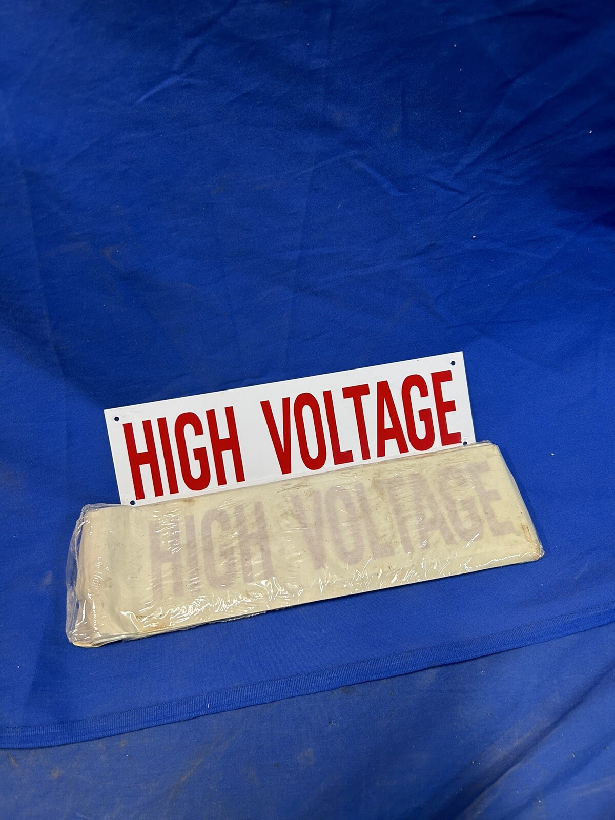 Nos Vintage Double sided white and red High voltage tin sign 12″ x 3.5″