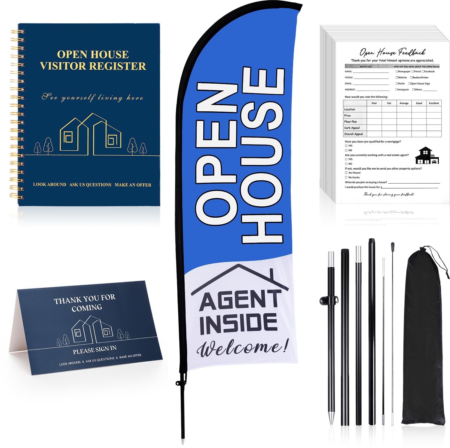 153 PCS Open House Signs Real Estate Agents Flag Pole Kit Guest Book Blue