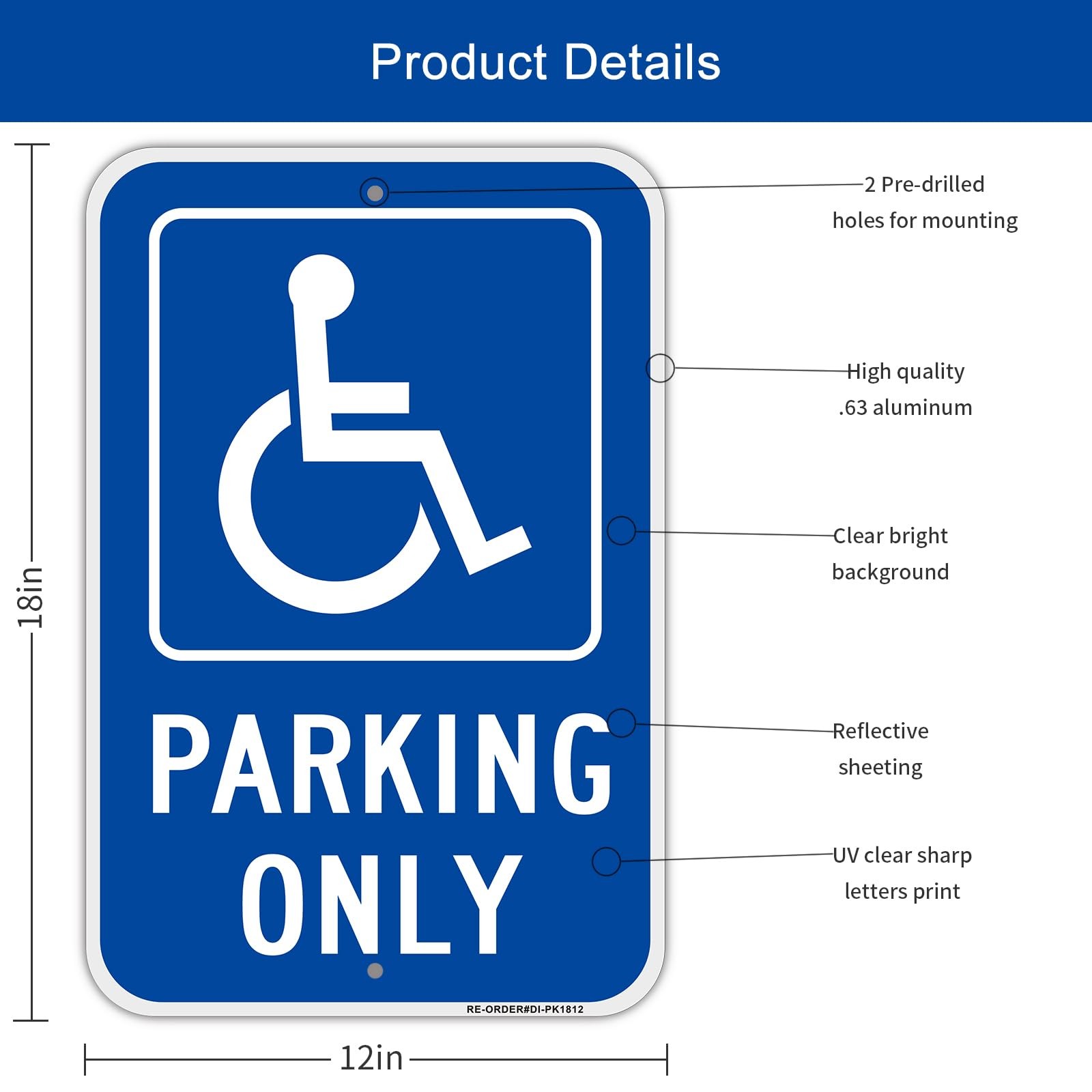 4 PCS 12×18 Inch Handicap Parking Only Signs Heavy Duty Aluminum Handicapped