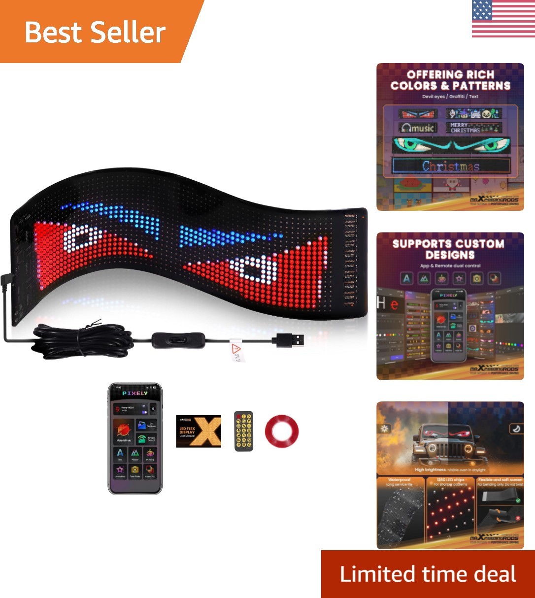 Flexible LED Display for Cars – 14″x4″ Waterproof RGB Sign with Remote Control