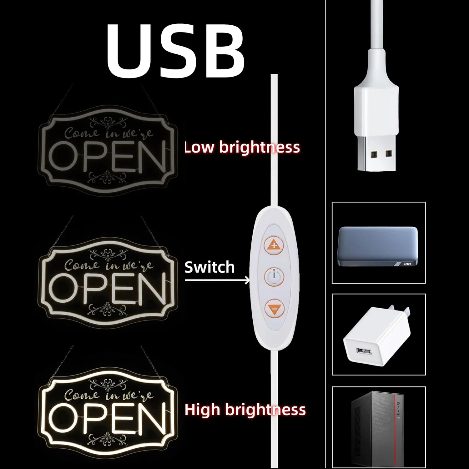 Neon Open Signs for Business， LED Adjustable Brightness Light Up Sign for Bar Sl