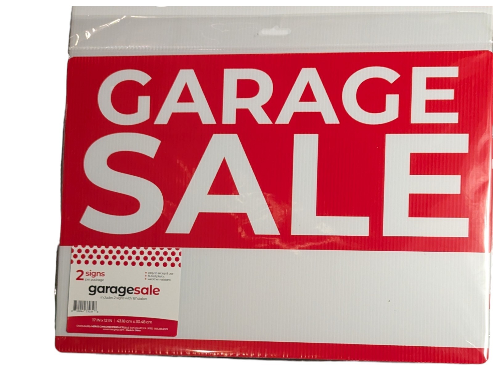 2 Pack Garage Sale Signs 17″x12″ Weather Resistant Plastic With 16″ Stakes New