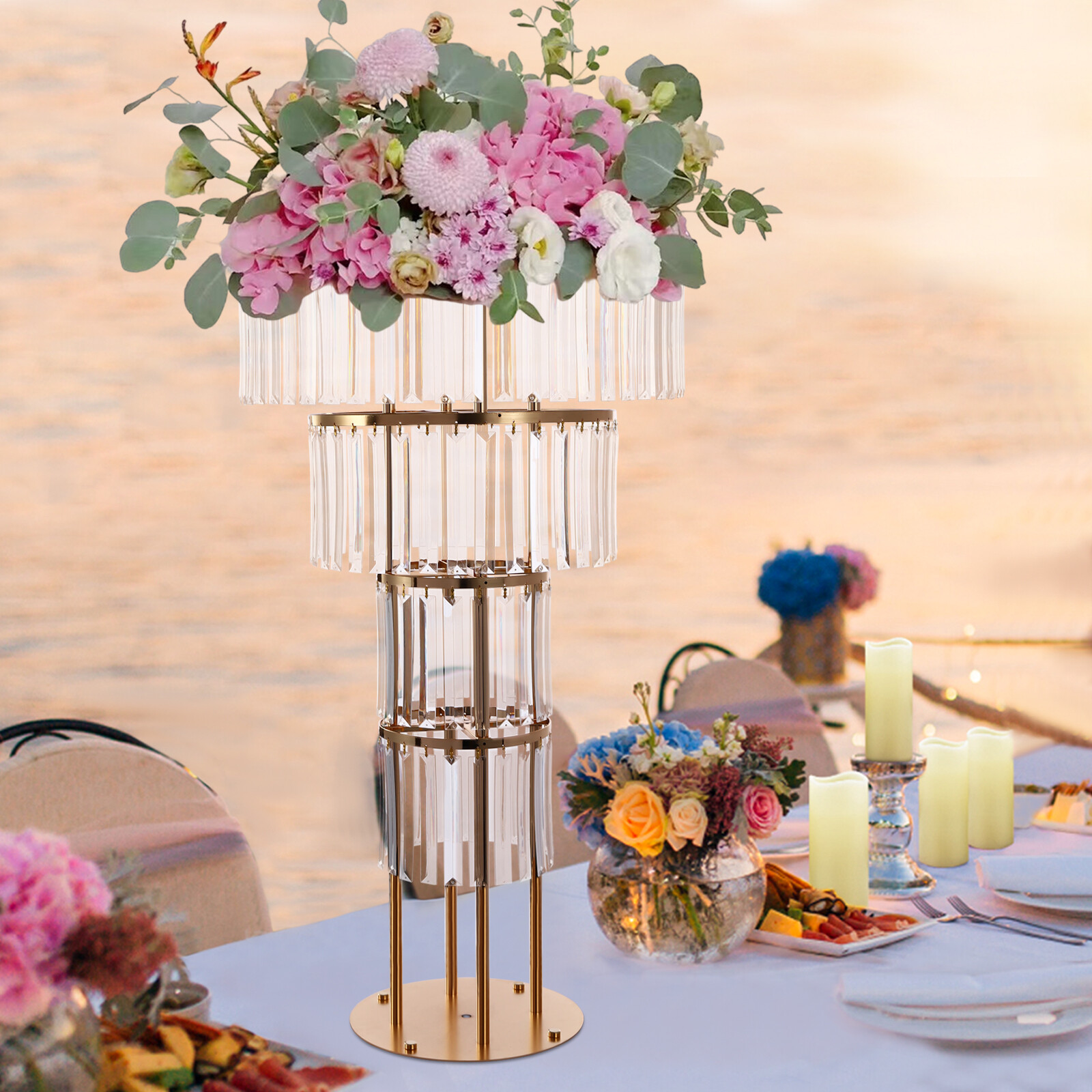 Wedding Gold Crystal Flower Stand, Round Pedestal Stand, Crystal Flower Stand