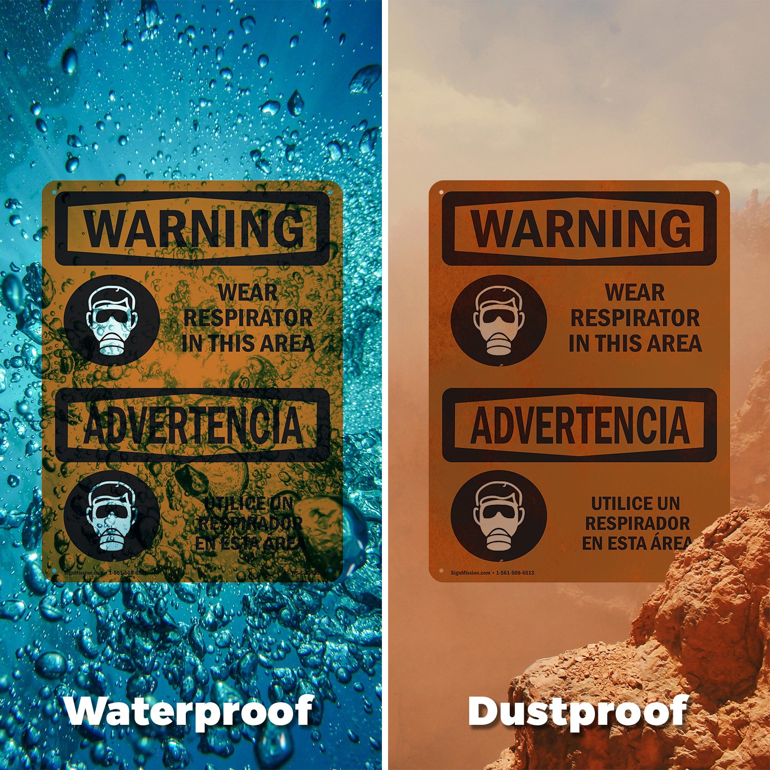 Wear Respirator In This Area Bilingual OSHA WARNING Sign Or Decal – 5 or 10 Pack