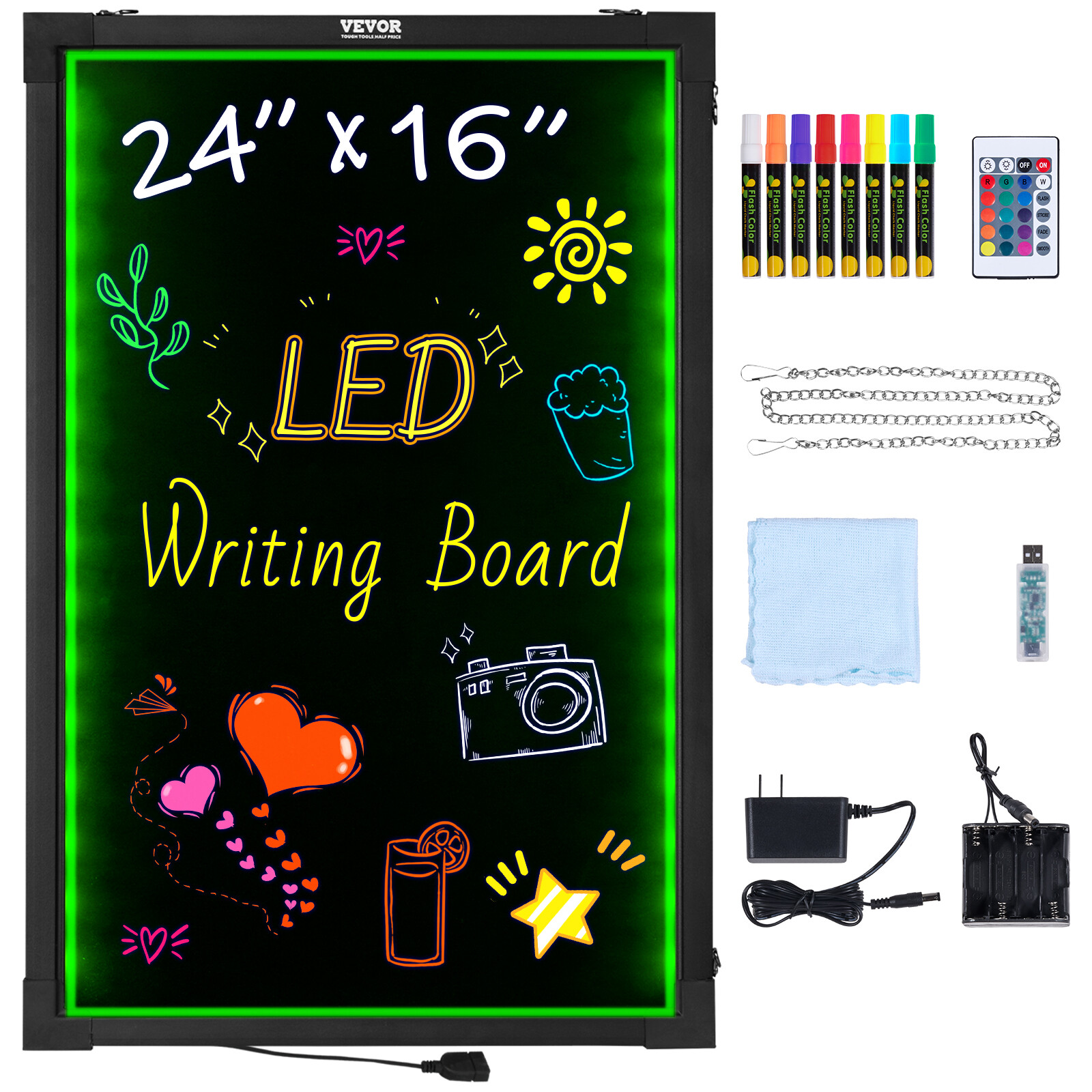 VEVOR LED Message Writing Board 24″x16″ Illuminated Erasable Lighted Chalkboard