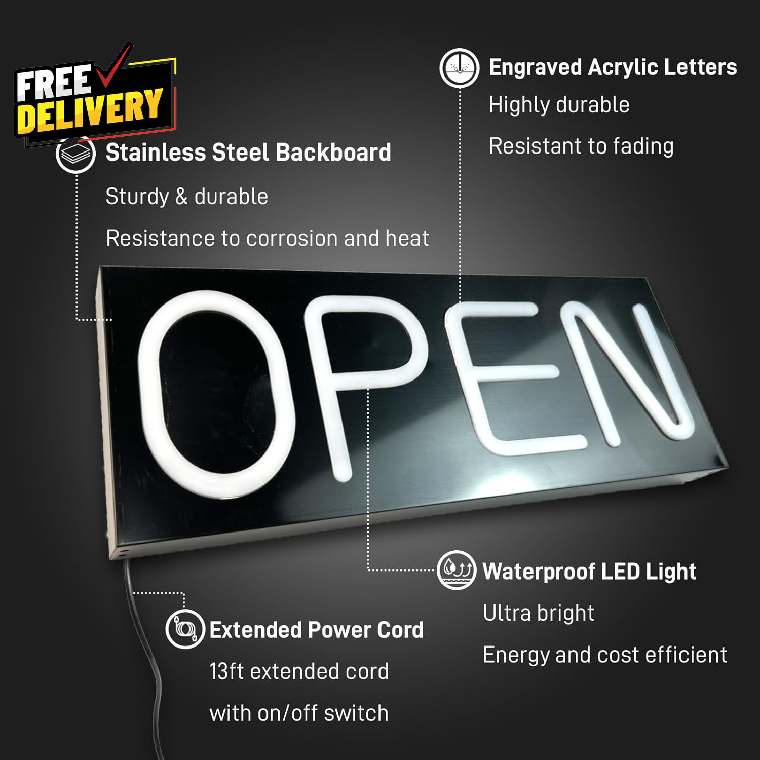 Large Outdoor Waterproof LED Open Sign Ultra Bright with Power Adapter 19.7×8…