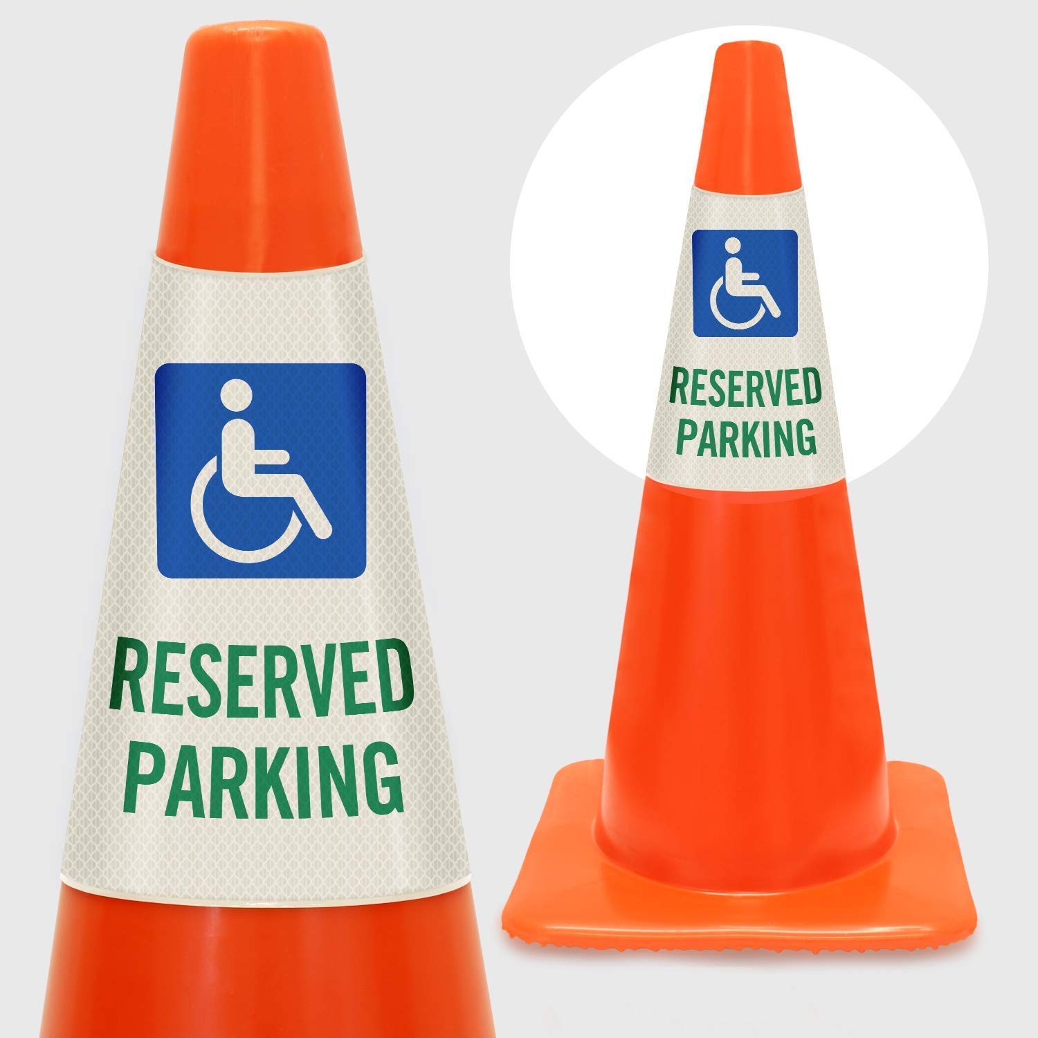 Reserved Parking With Handicapped Symbol Reflective Cone Message Sleeve