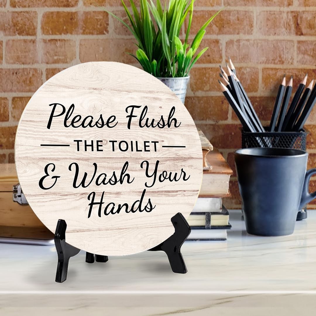 5×5 Inch Round Please Flush The Toilet Wash Your Hands Wood Bathroom Table Sign