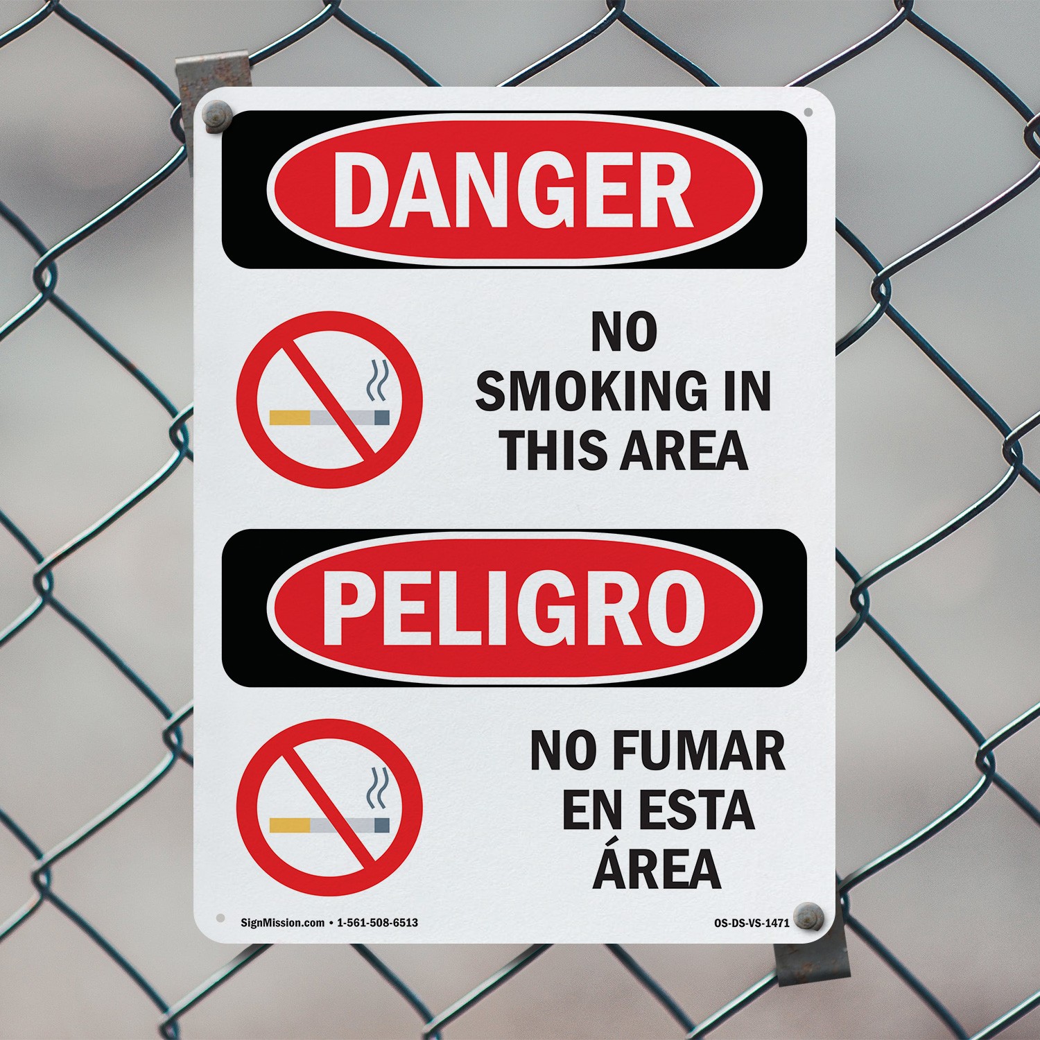 No Smoking In This Area Bilingual OSHA Danger Sign Metal, Decal – 5 or 10 Pack