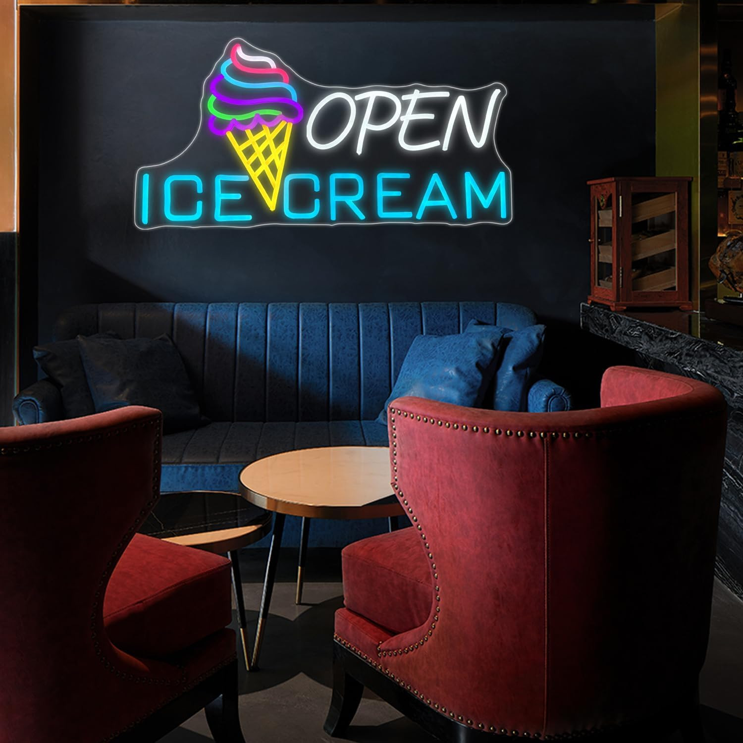Ice Cream Sign 22.4×11” Ice Cream Open Shop Neon Signs USB Powered Bar Sign Lig