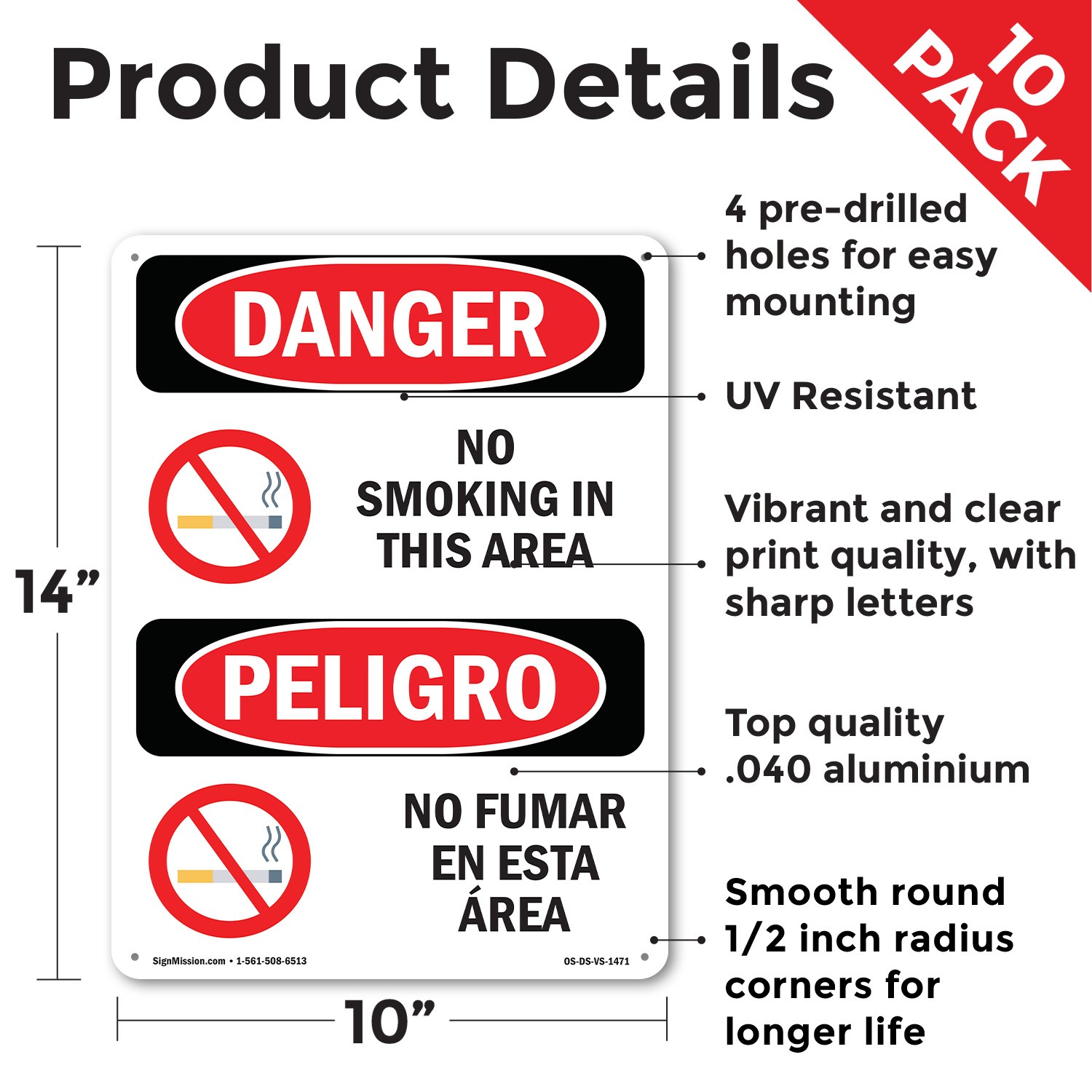 No Smoking In This Area Bilingual OSHA Danger Sign Metal, Decal – 5 or 10 Pack