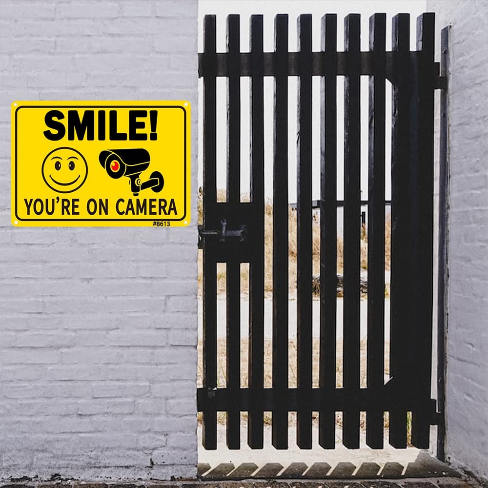 2-Pack Smile! You’re On Camera Signs, 10×7 Inch Funny Security Signs with Smi…