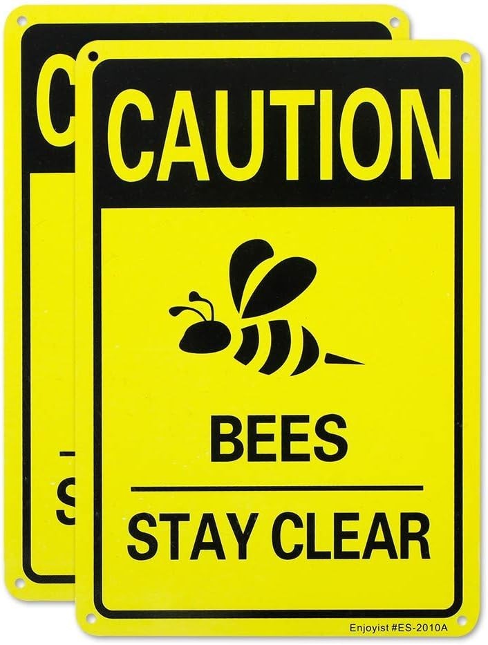 2 Pack Caution Bees Stay Clear Sign, 10″x 7″ .04″ Aluminum Reflective Sign Rust