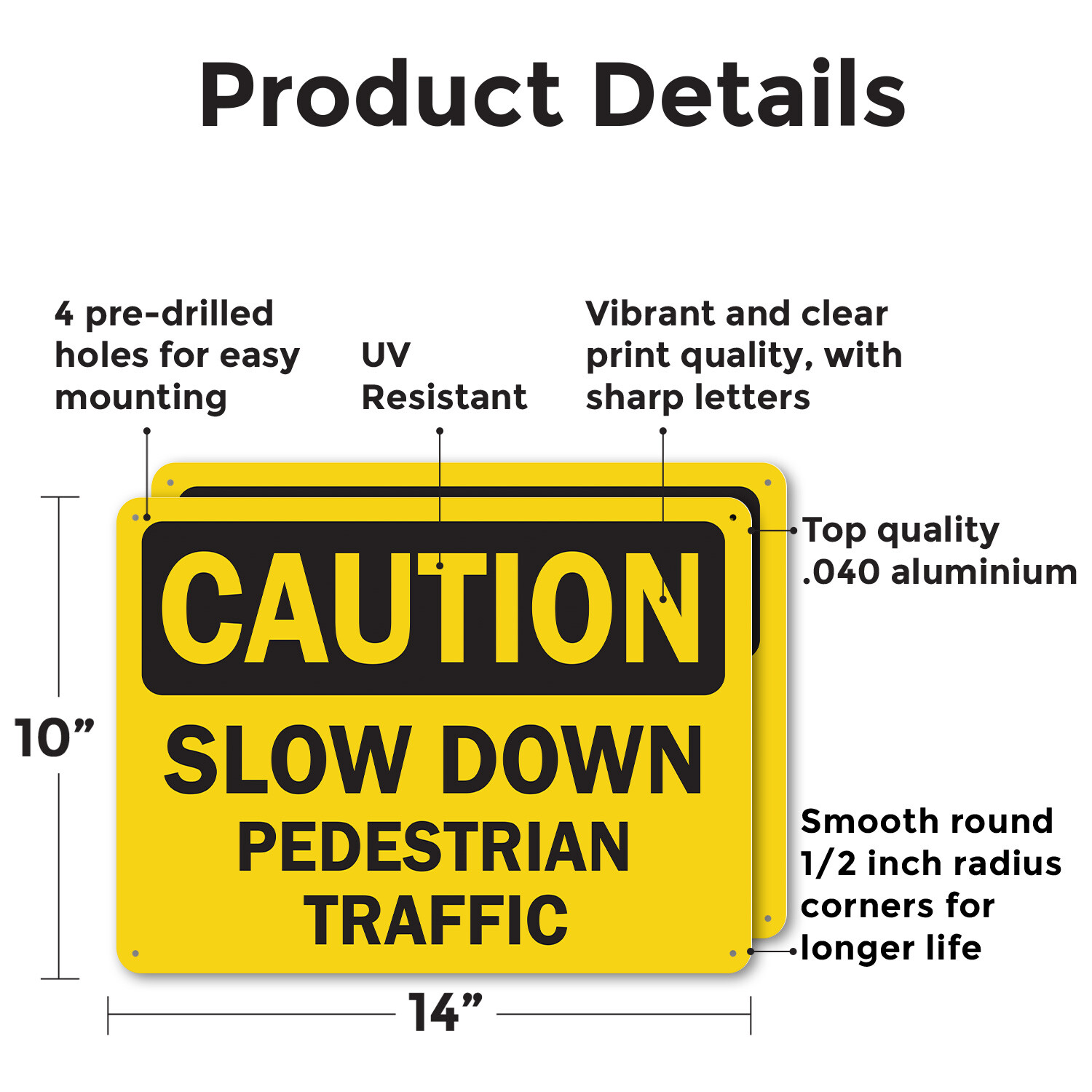 (2 Pack) Slow Down Pedestrian Traffic OSHA Caution Sign Decal Metal Plastic